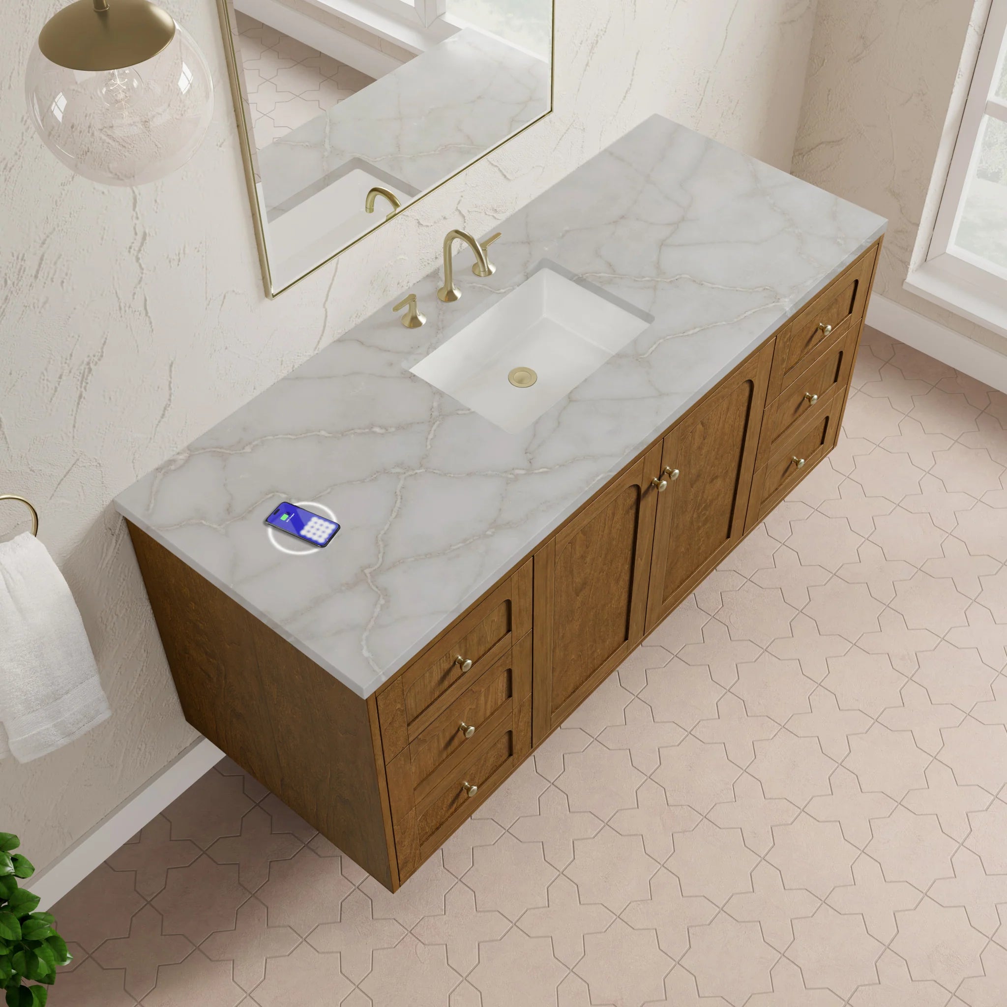 60" Laurent Single Vanity in Honey Oak w/FreePower Wireless Charger by James Martin Vanities-Victorian Silver Silestone 9