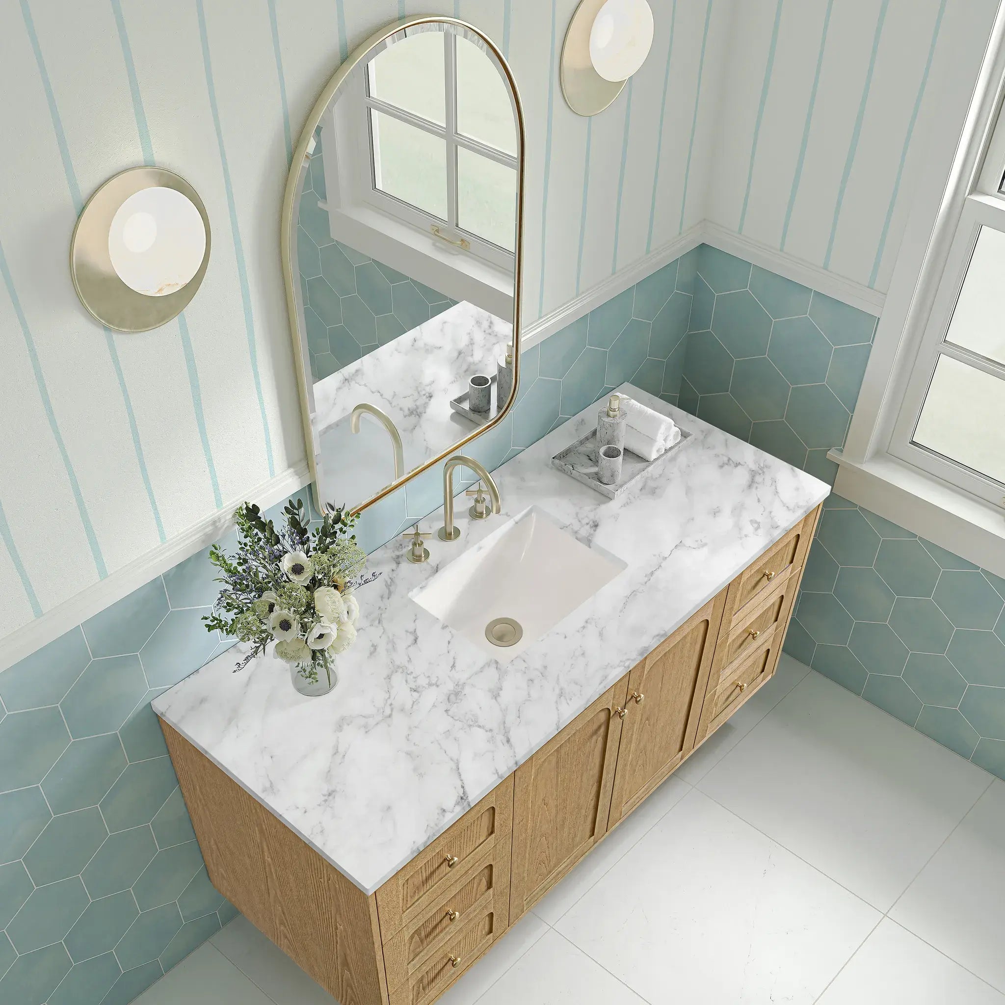 60" Laurent Single Vanity in Light Natural Oak-Carrara White Marble-8" Widespread image 11