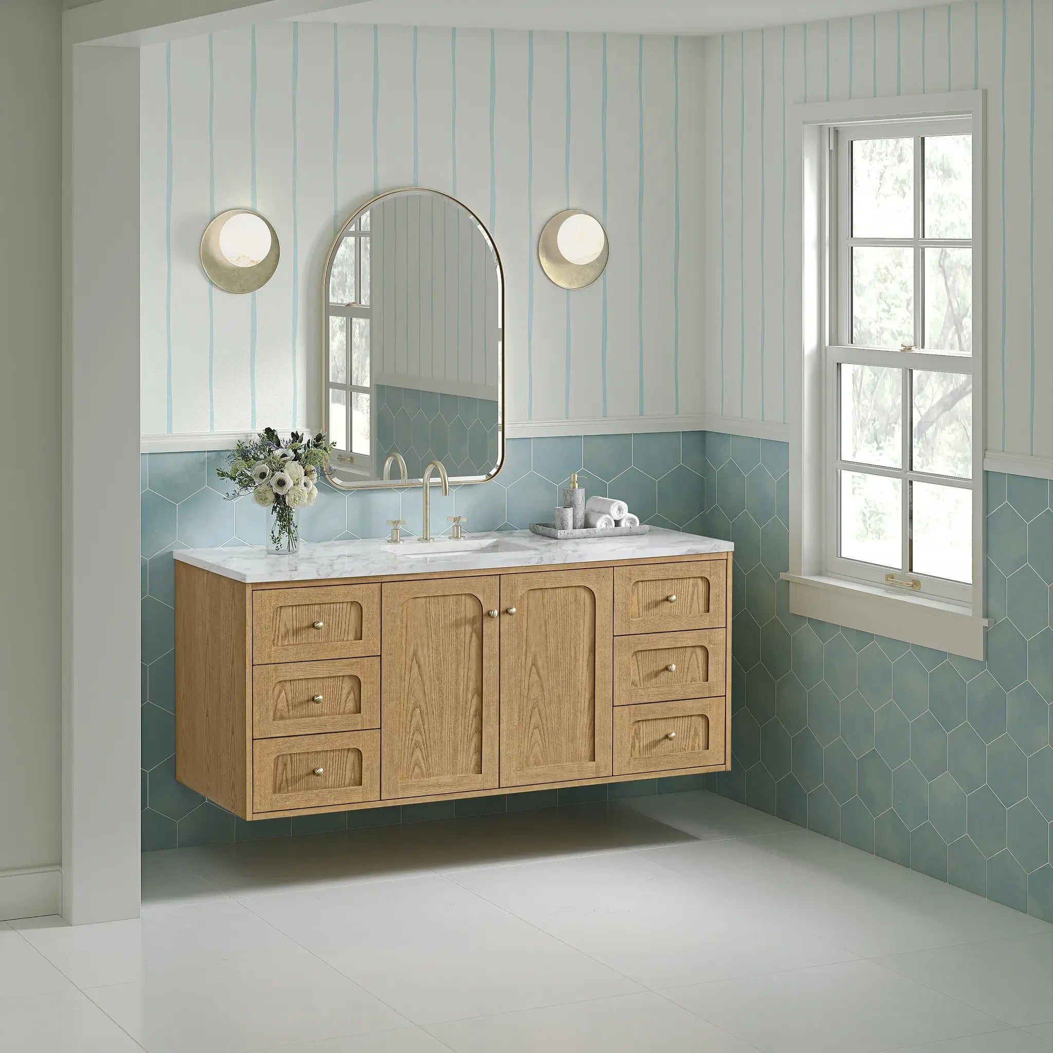60" Laurent Single Vanity in Light Natural Oak-Carrara White Marble-8" Widespread image 6