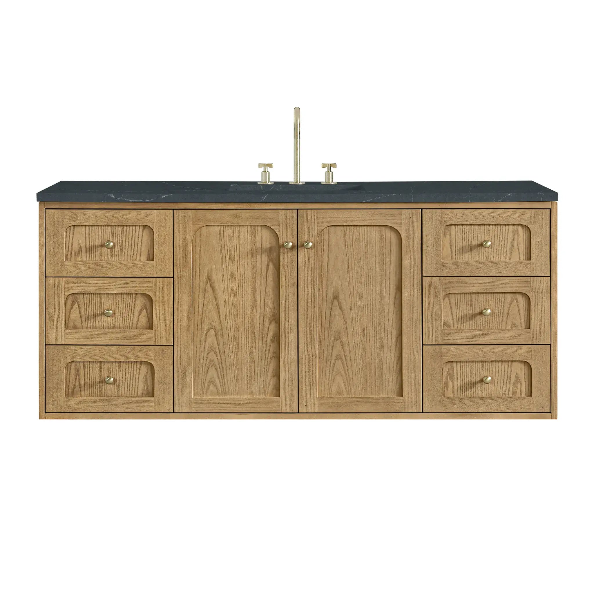 60" Laurent Single Vanity in Light Natural Oak-Charcoal Soapstone Silestone-8" Widespread image 1