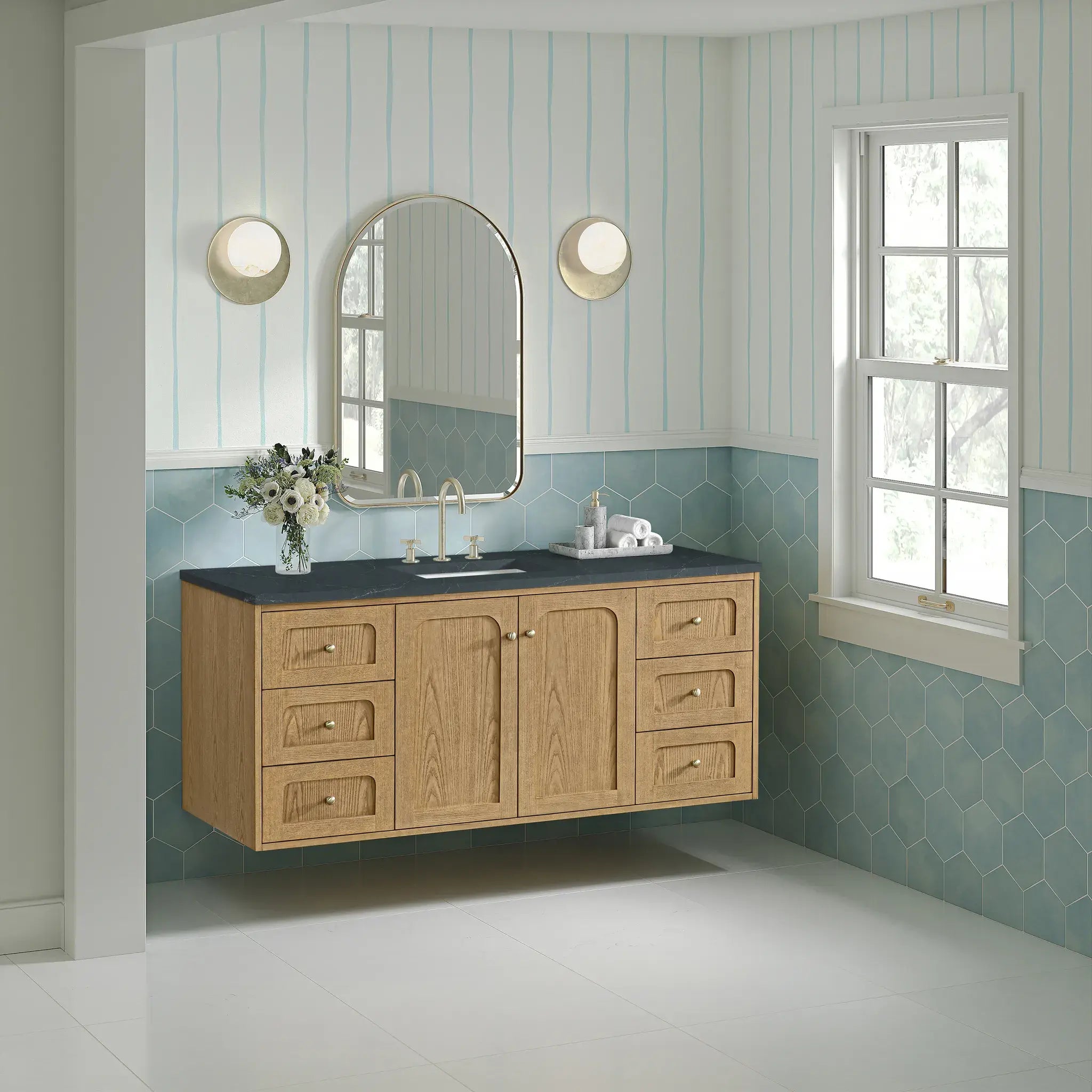 60" Laurent Single Vanity in Light Natural Oak-Charcoal Soapstone Silestone-8" Widespread image 6