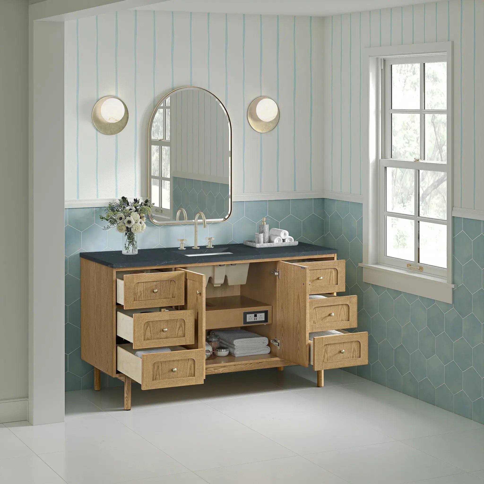 60" Laurent Single Vanity in Light Natural Oak-Charcoal Soapstone Silestone-8" Widespread image 7