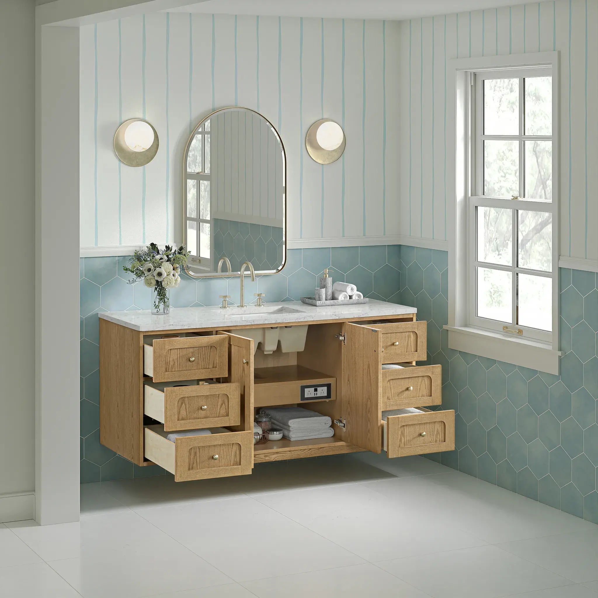 60" Laurent Single Vanity in Light Natural Oak-Eternal Jasmine Pearl Silestone-8" Widespread image 8