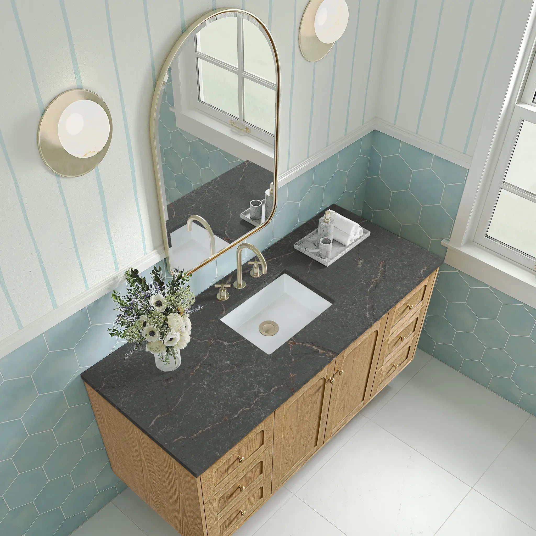 60" Laurent Single Vanity in Light Natural Oak-Parisien Bleu Silestone-8" Widespread image 11