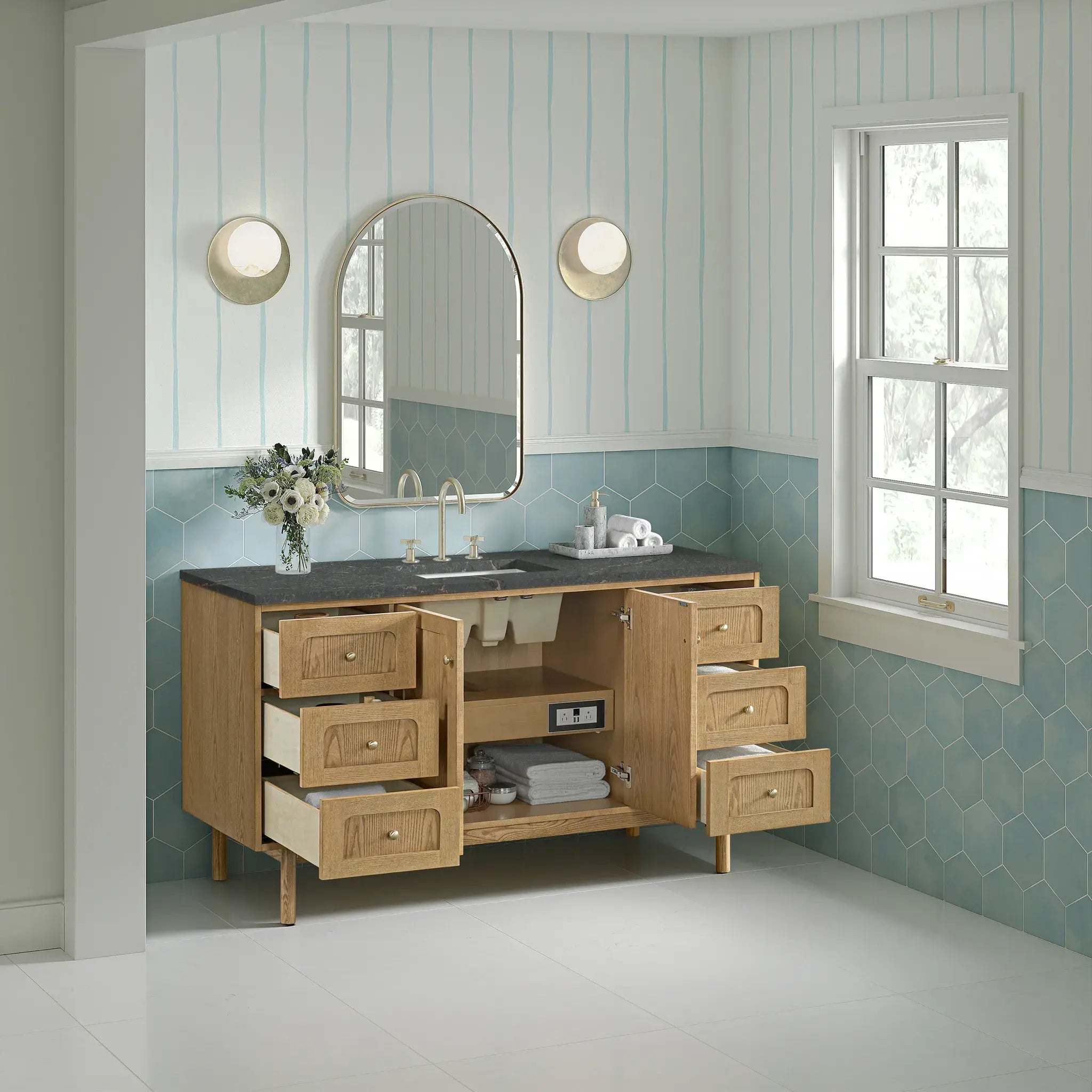 60" Laurent Single Vanity in Light Natural Oak-Parisien Bleu Silestone-8" Widespread image 7