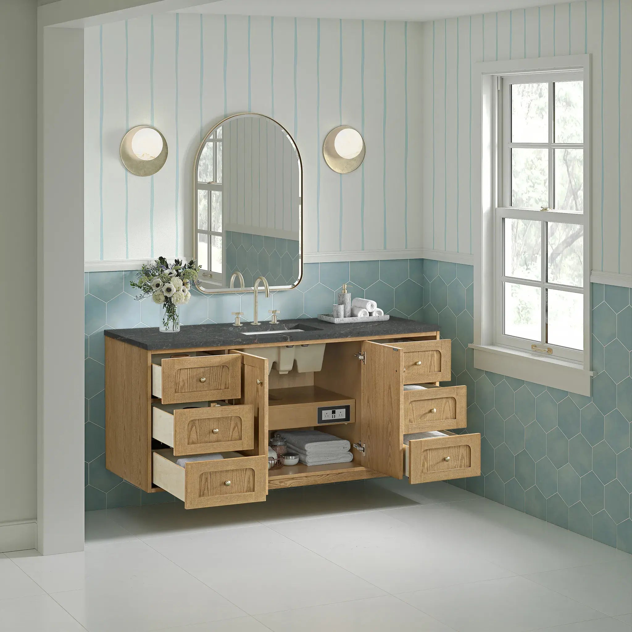 60" Laurent Single Vanity in Light Natural Oak-Parisien Bleu Silestone-8" Widespread image 8