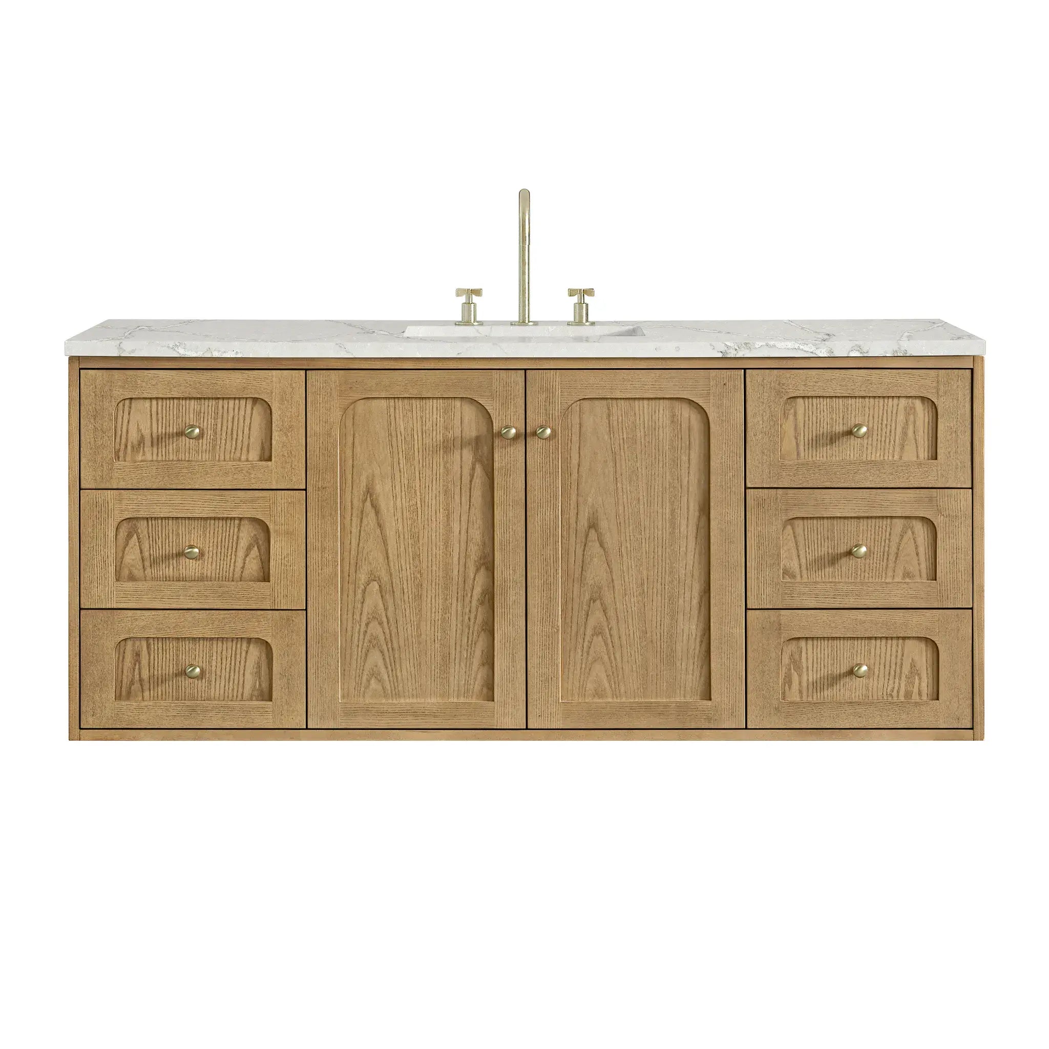 60" Laurent Single Vanity in Light Natural Oak-Victorian Silver Silestone-8" Widespread image 1