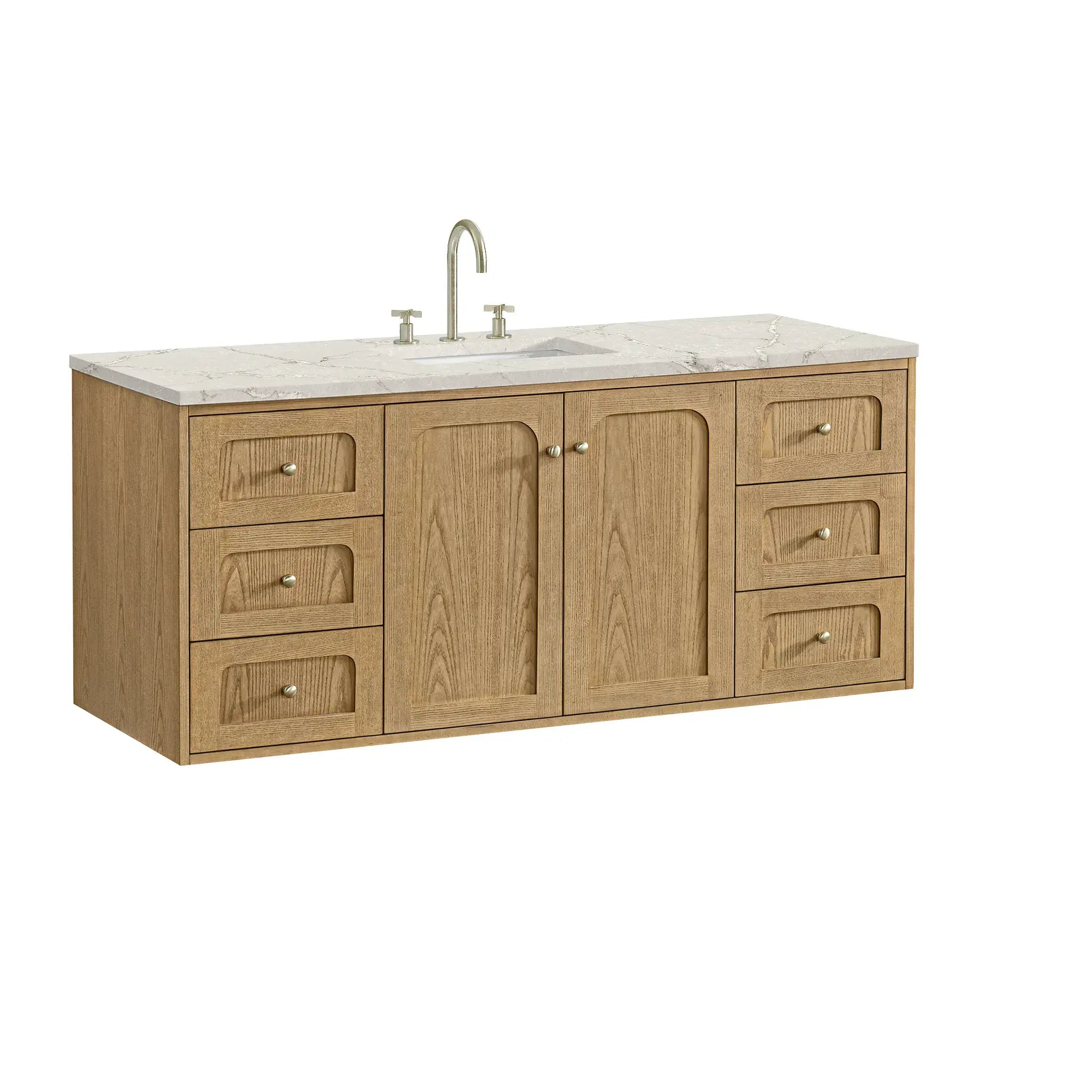 60" Laurent Single Vanity in Light Natural Oak-Victorian Silver Silestone-8" Widespread image 16
