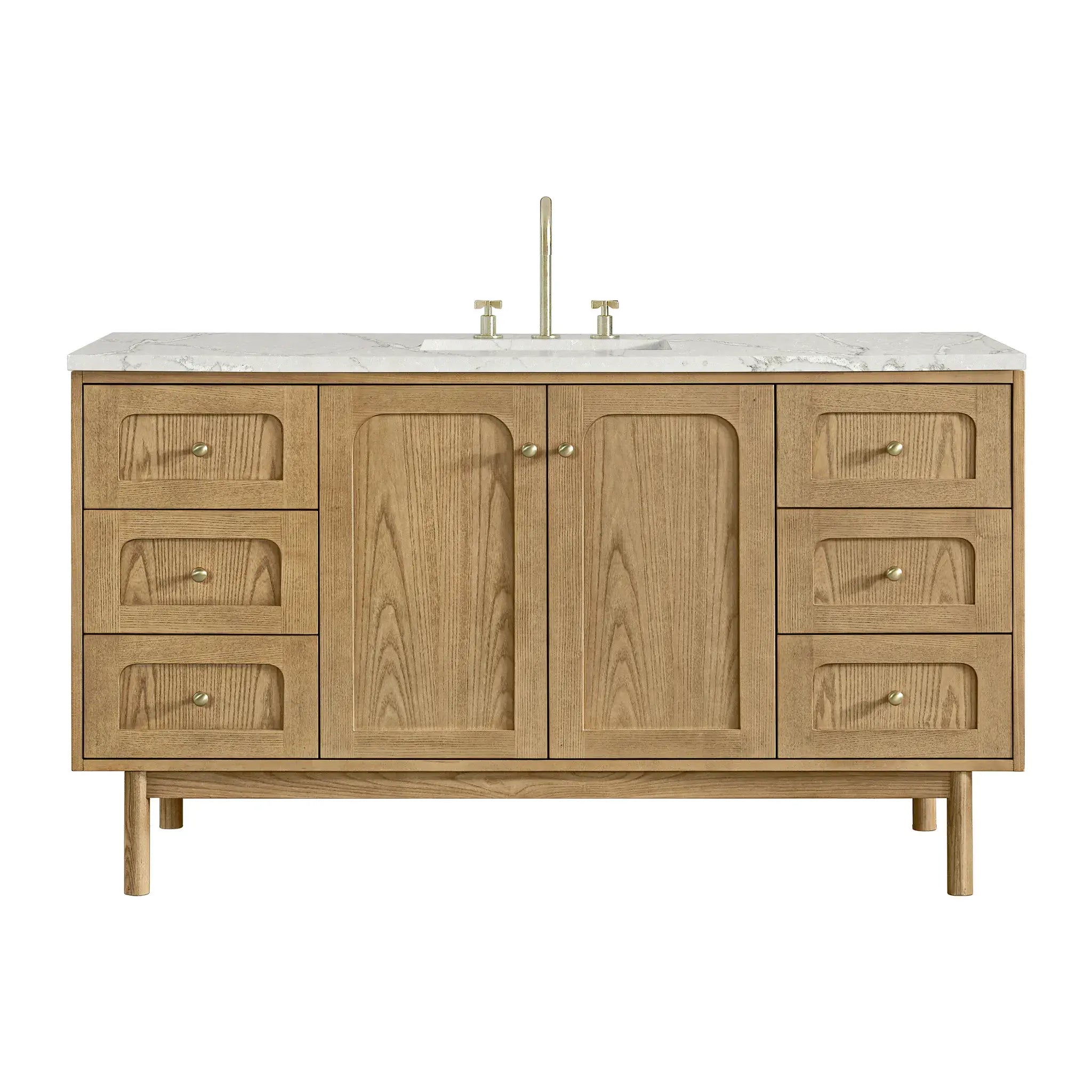 60" Laurent Single Vanity in Light Natural Oak-Victorian Silver Silestone-8" Widespread image