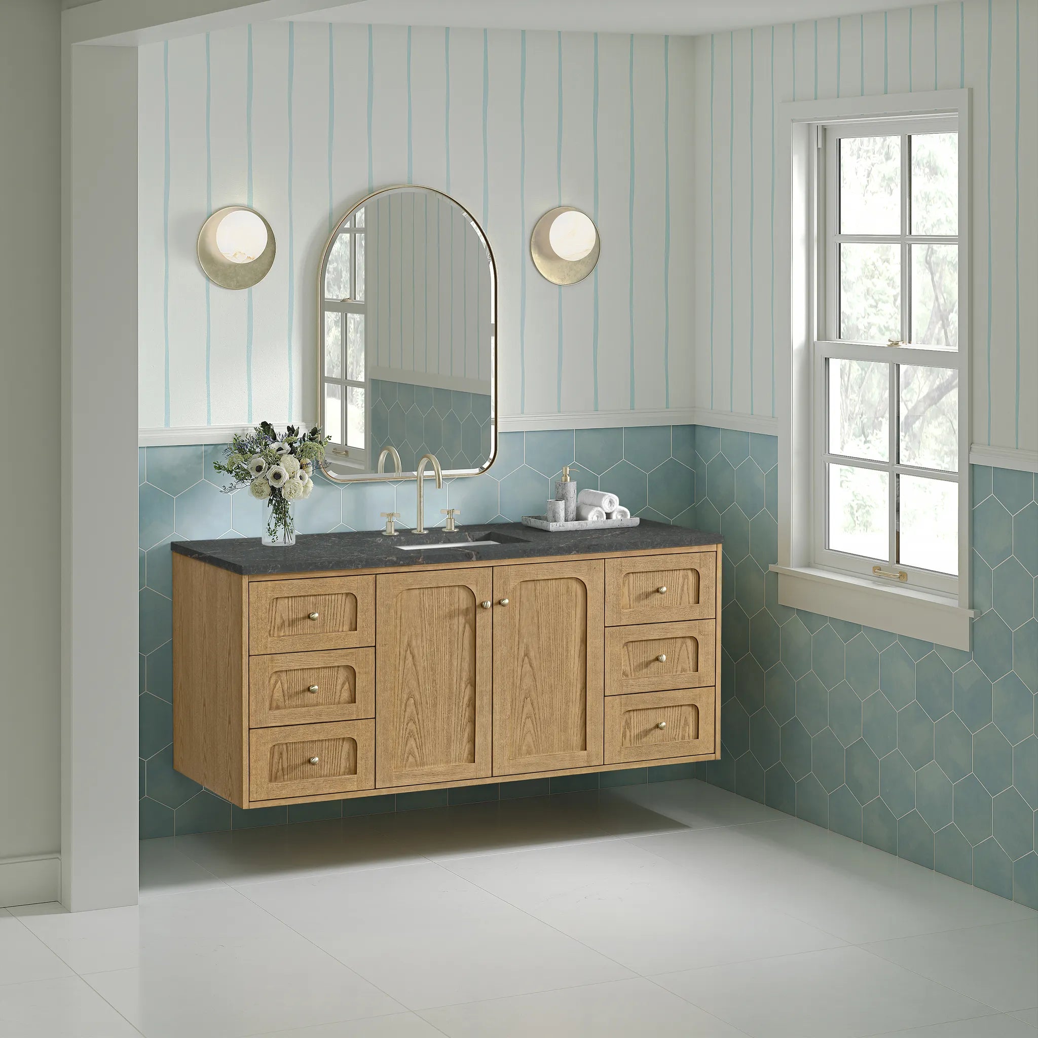 60" Laurent Single Vanity in Light Natural Oak, w/FreePower Wireless Charger-Parisien Bleu Silestone-8" Widespread image 7