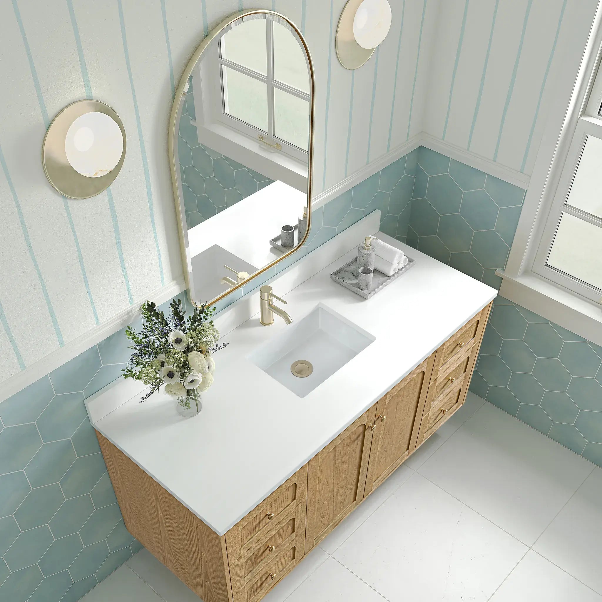 60" Laurent Single Vanity in Light Natural Oak-White Zeus Silestone & Backsplash-Single Hole image 11