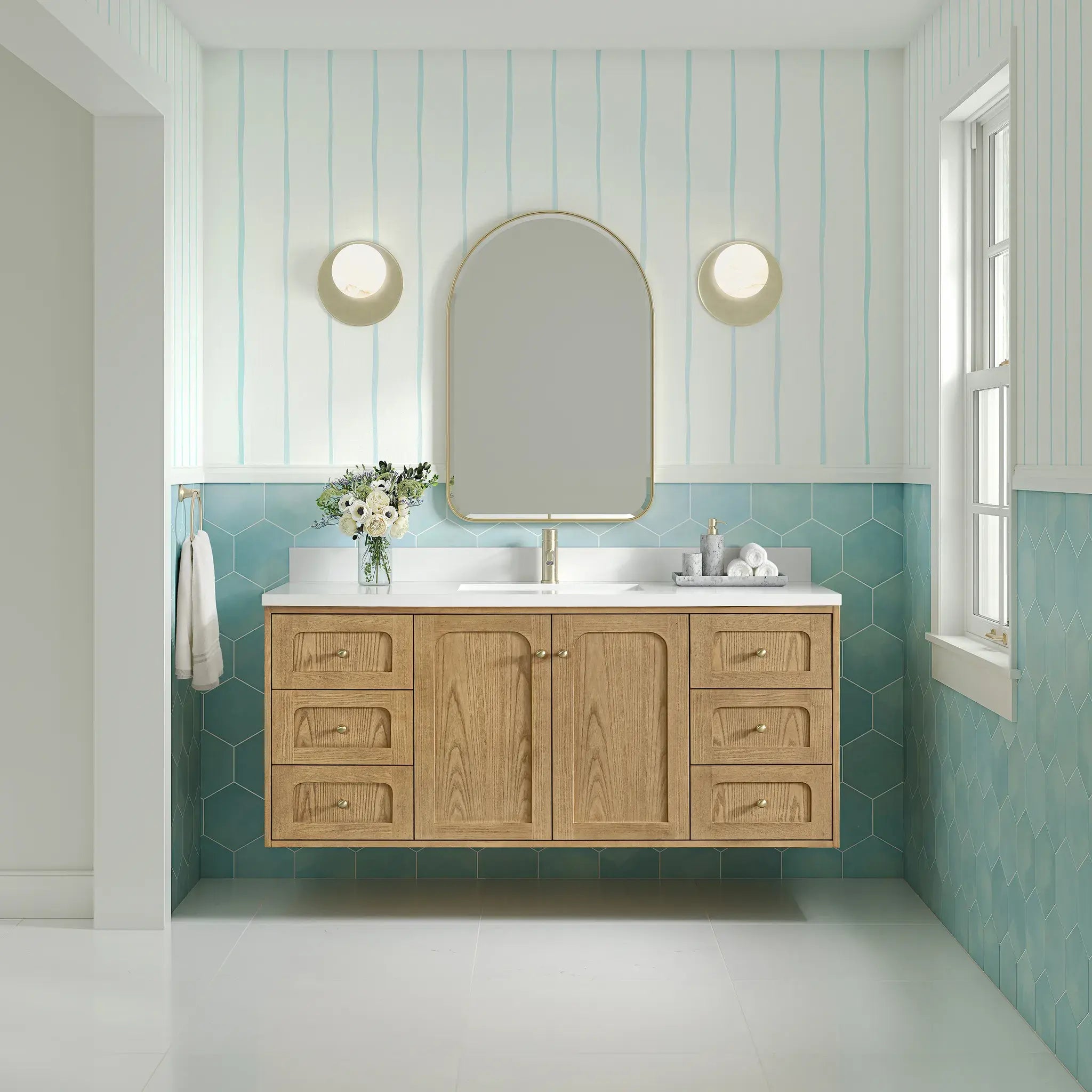 60" Laurent Single Vanity in Light Natural Oak-White Zeus Silestone & Backsplash-Single Hole image 4