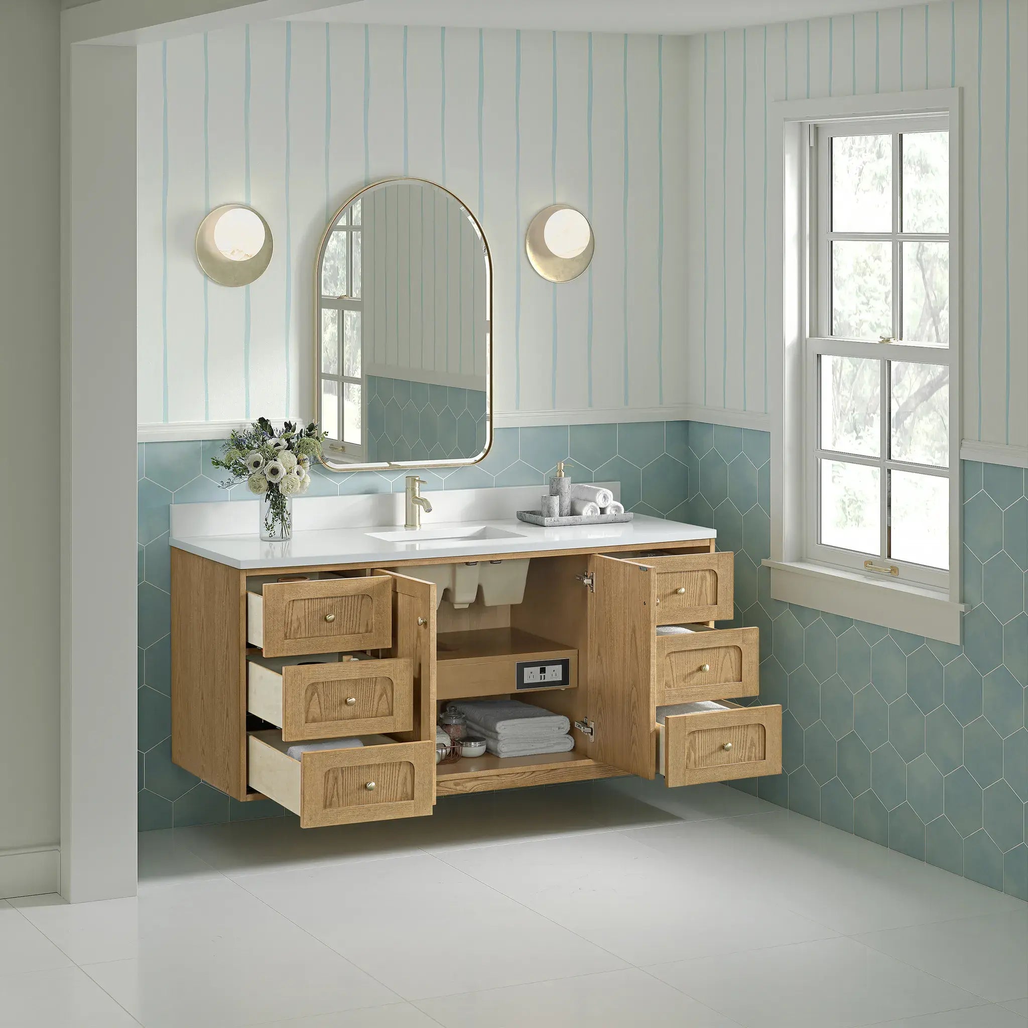 60" Laurent Single Vanity in Light Natural Oak-White Zeus Silestone & Backsplash-Single Hole image 8