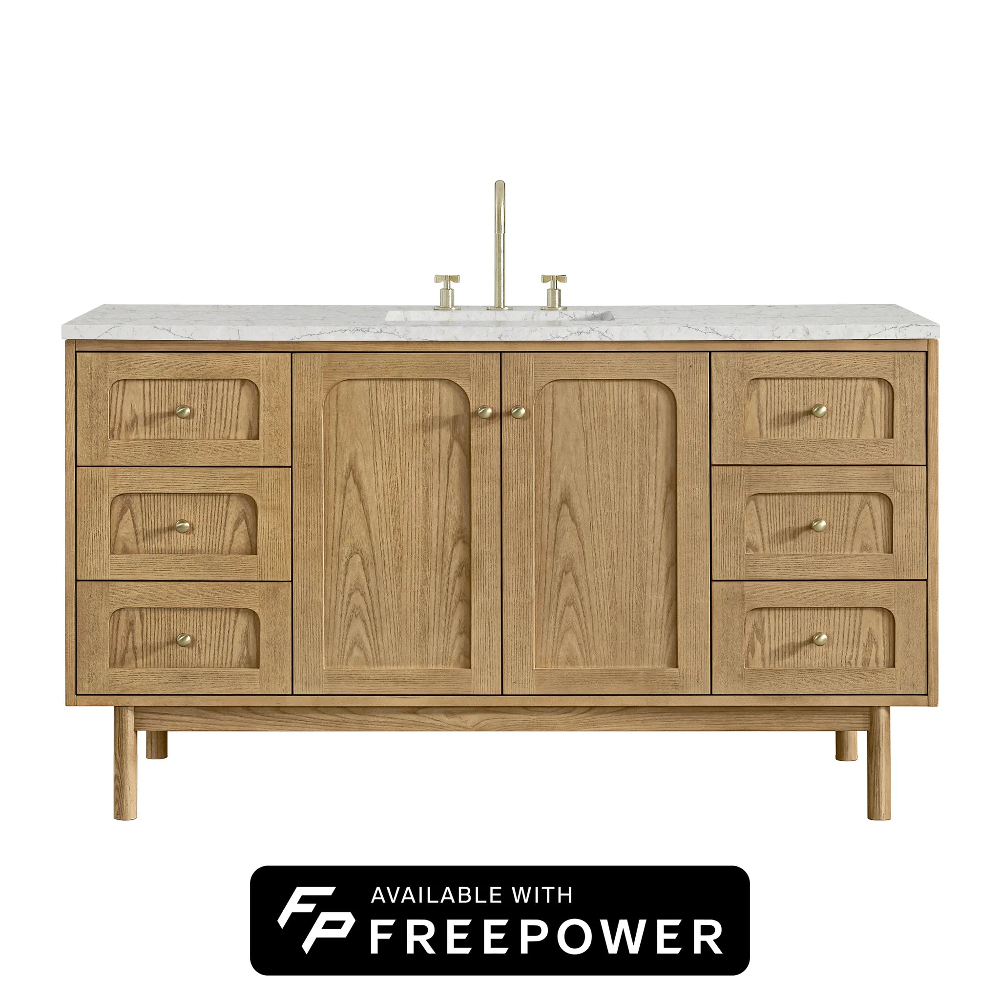 60" Laurent Single Vanity in Light Natural Oak, Wireless Charger-Eternal Jasmine Pearl Silestone-8" Widespread image