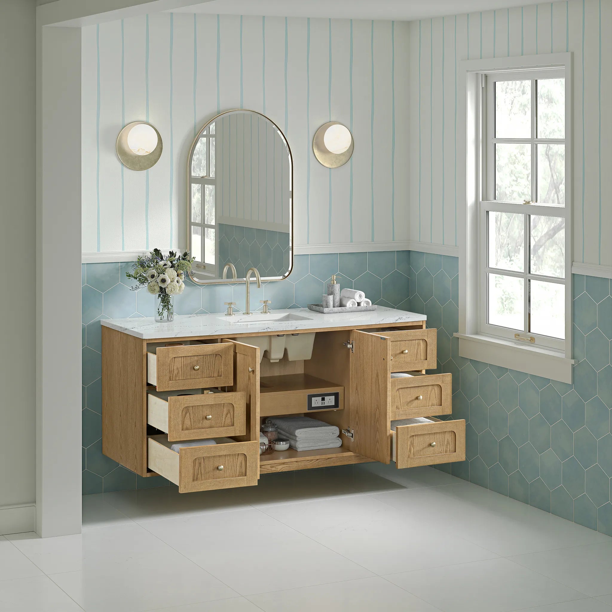 60" Laurent Single Vanity in Light Natural Oak, Wireless Charger-Ethereal Noctis Silestone-8" Widespread image 9