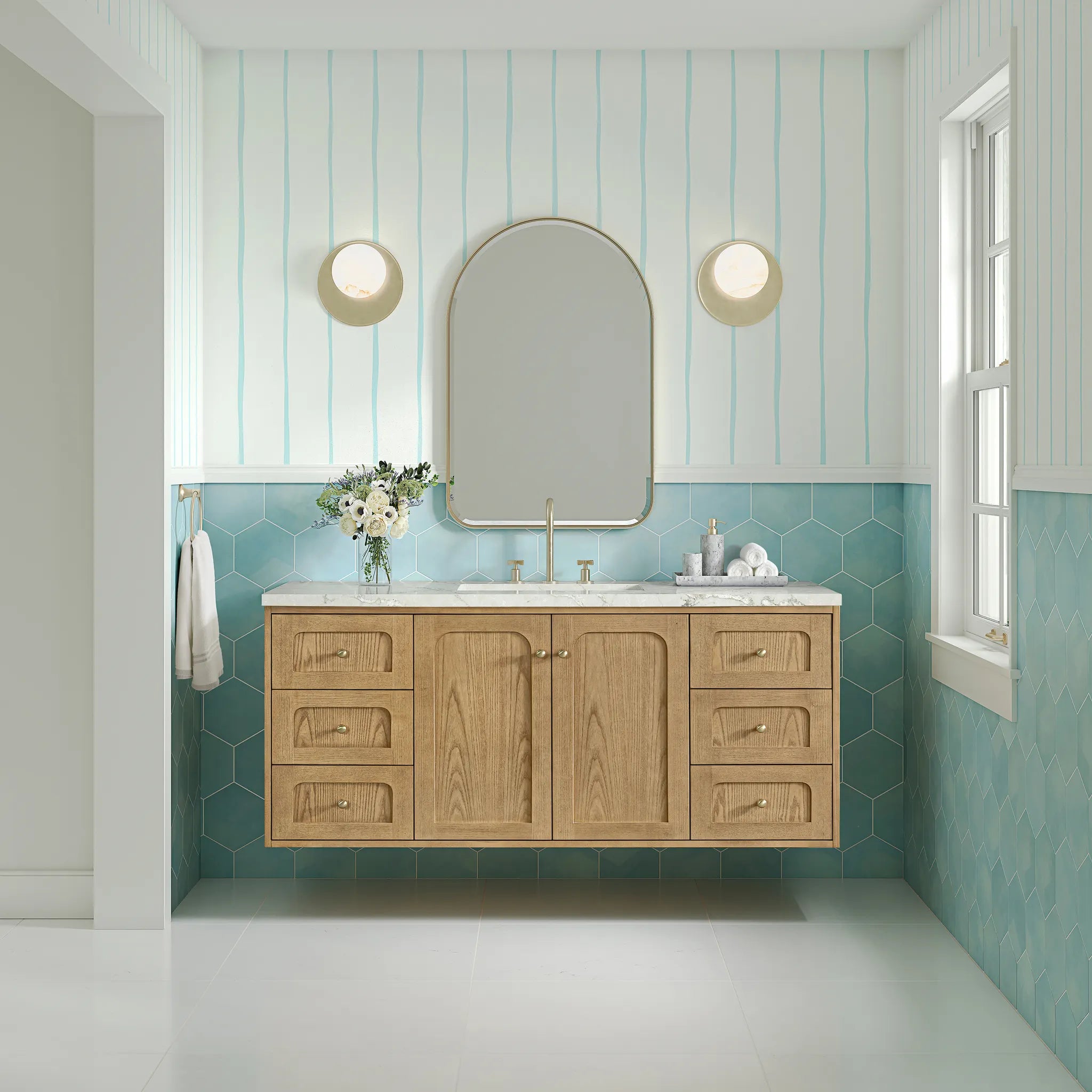 60" Laurent Single Vanity in Light Natural Oak, Wireless Charger-Victorian Silver Silestone-8" Widespread image 5