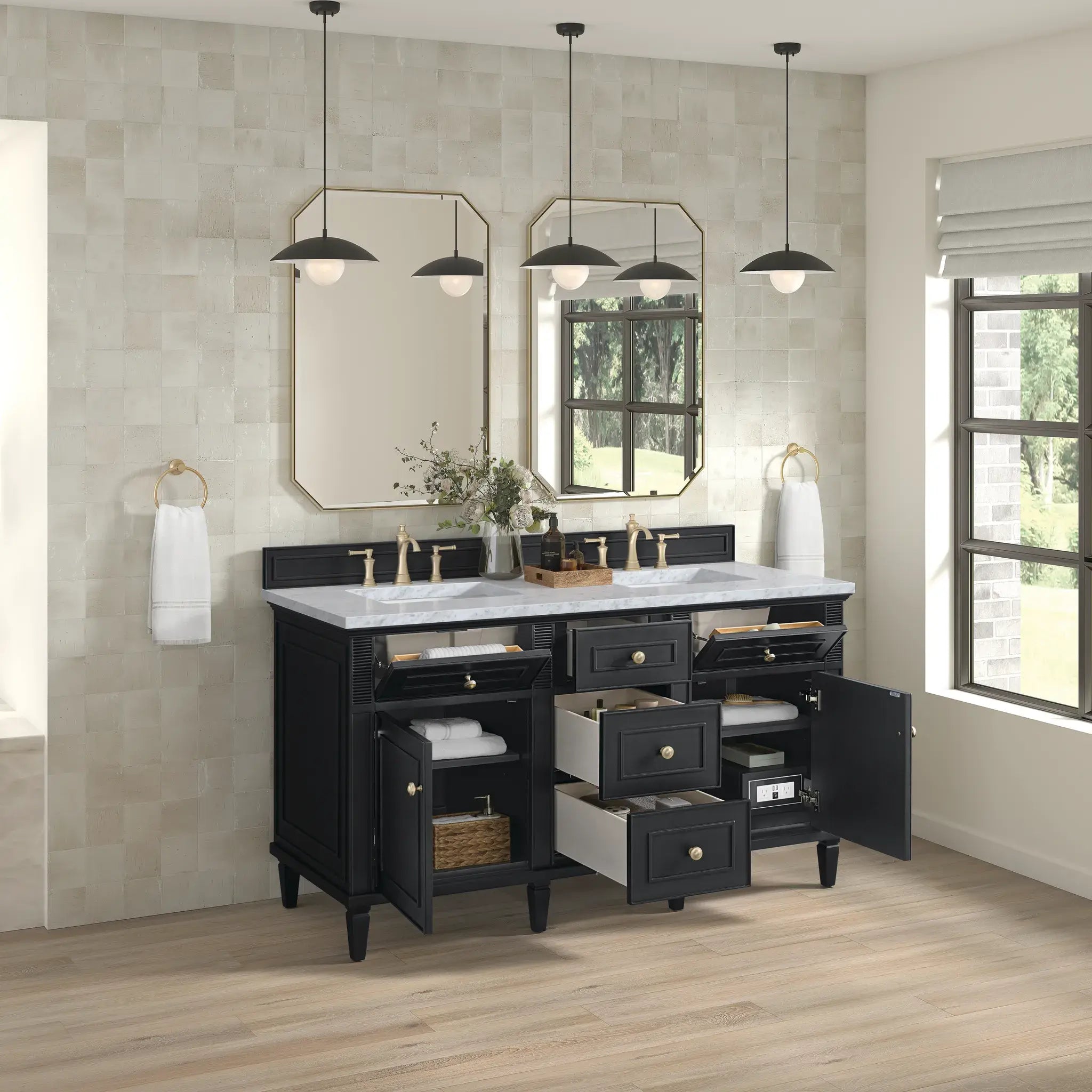 60" Lorelai Double Vanity in Black Onyx-Carrara White Marble-8" Widespread image 4