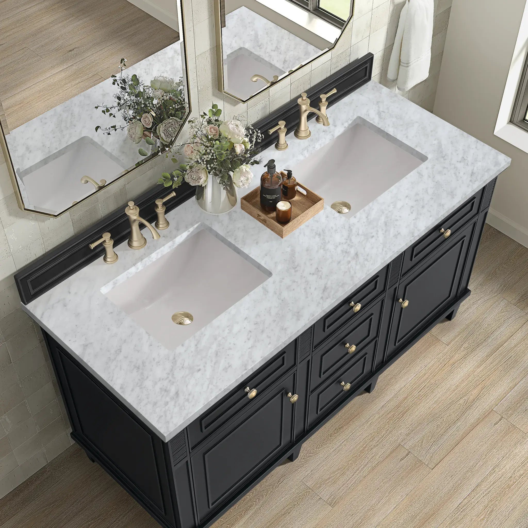 60" Lorelai Double Vanity in Black Onyx-Carrara White Marble-8" Widespread image 6