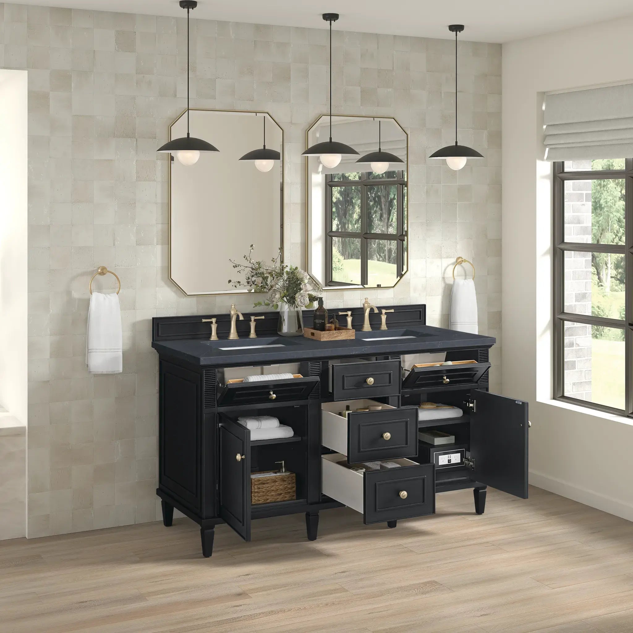 60" Lorelai Double Vanity in Black Onyx-Charcoal Soapstone Silestone-8" Widespread image 4