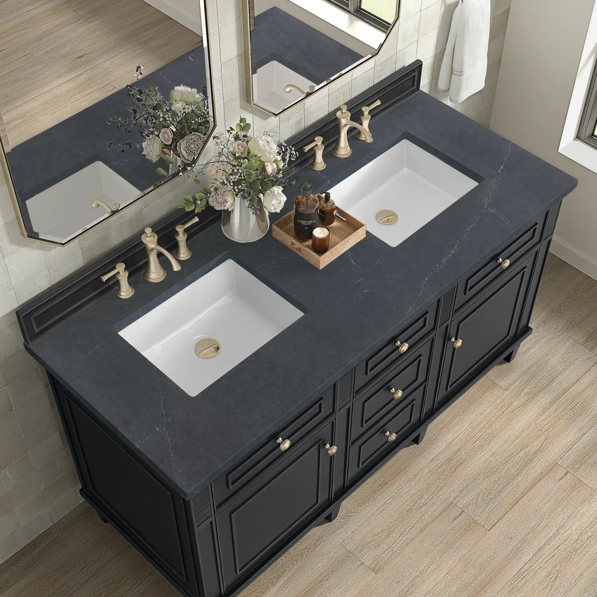 60" Lorelai Double Vanity in Black Onyx-Charcoal Soapstone Silestone-8" Widespread image 6