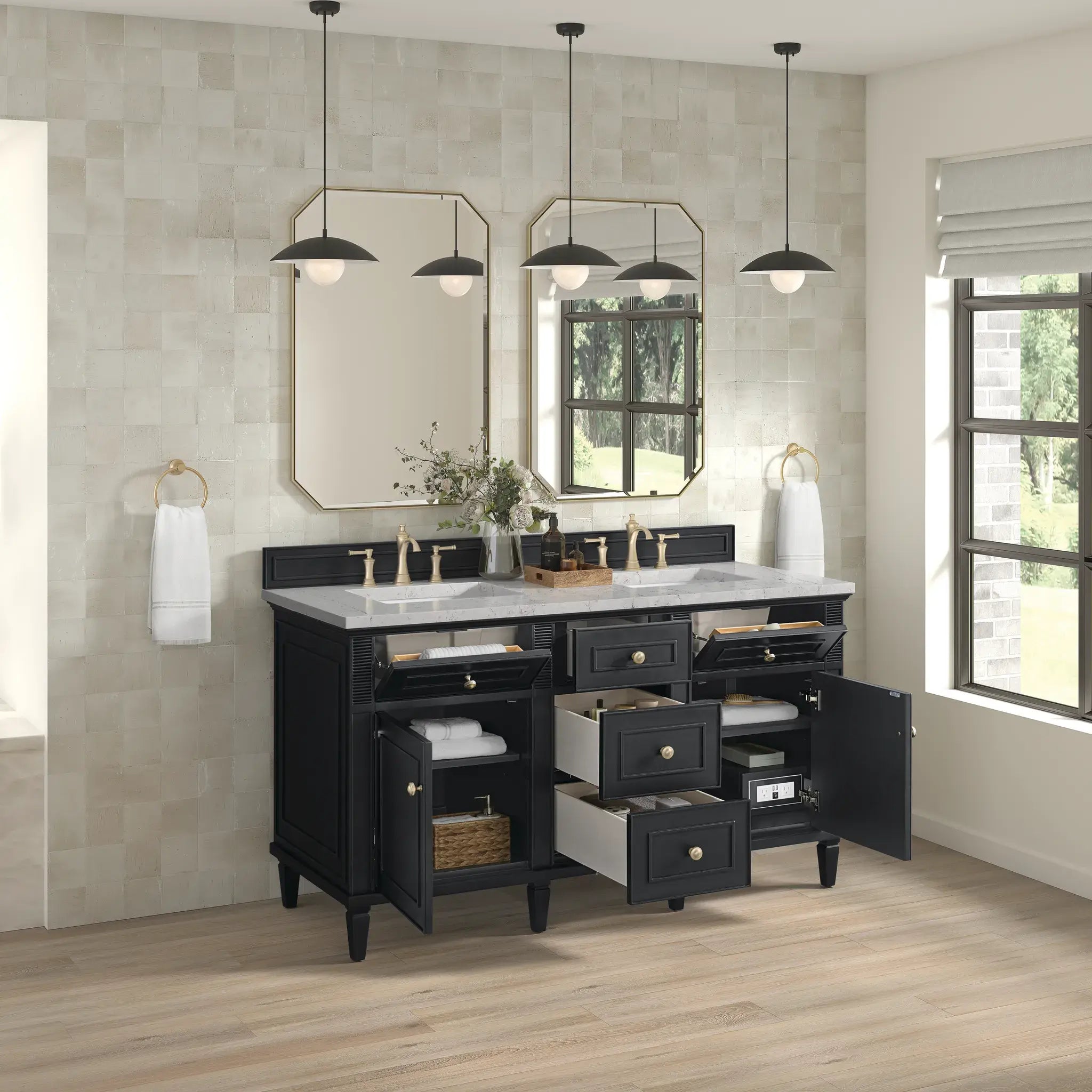 60" Lorelai Double Vanity in Black Onyx-Eternal Jasmine Pearl Silestone-8" Widespread image 4