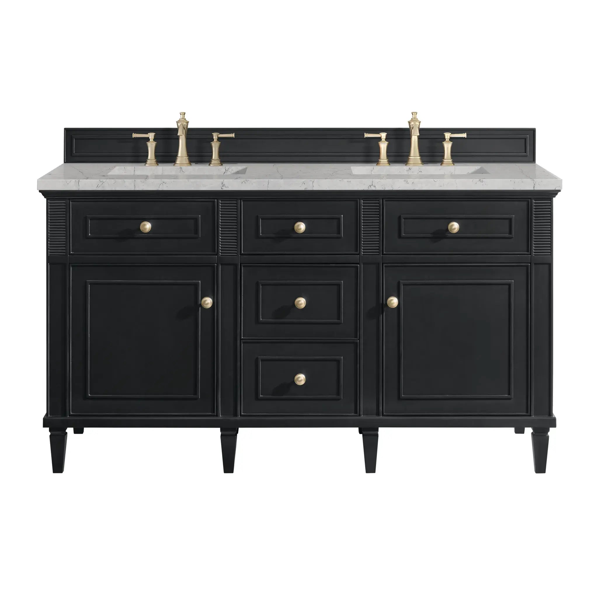 60" Lorelai Double Vanity in Black Onyx-Eternal Jasmine Pearl Silestone-8" Widespread image
