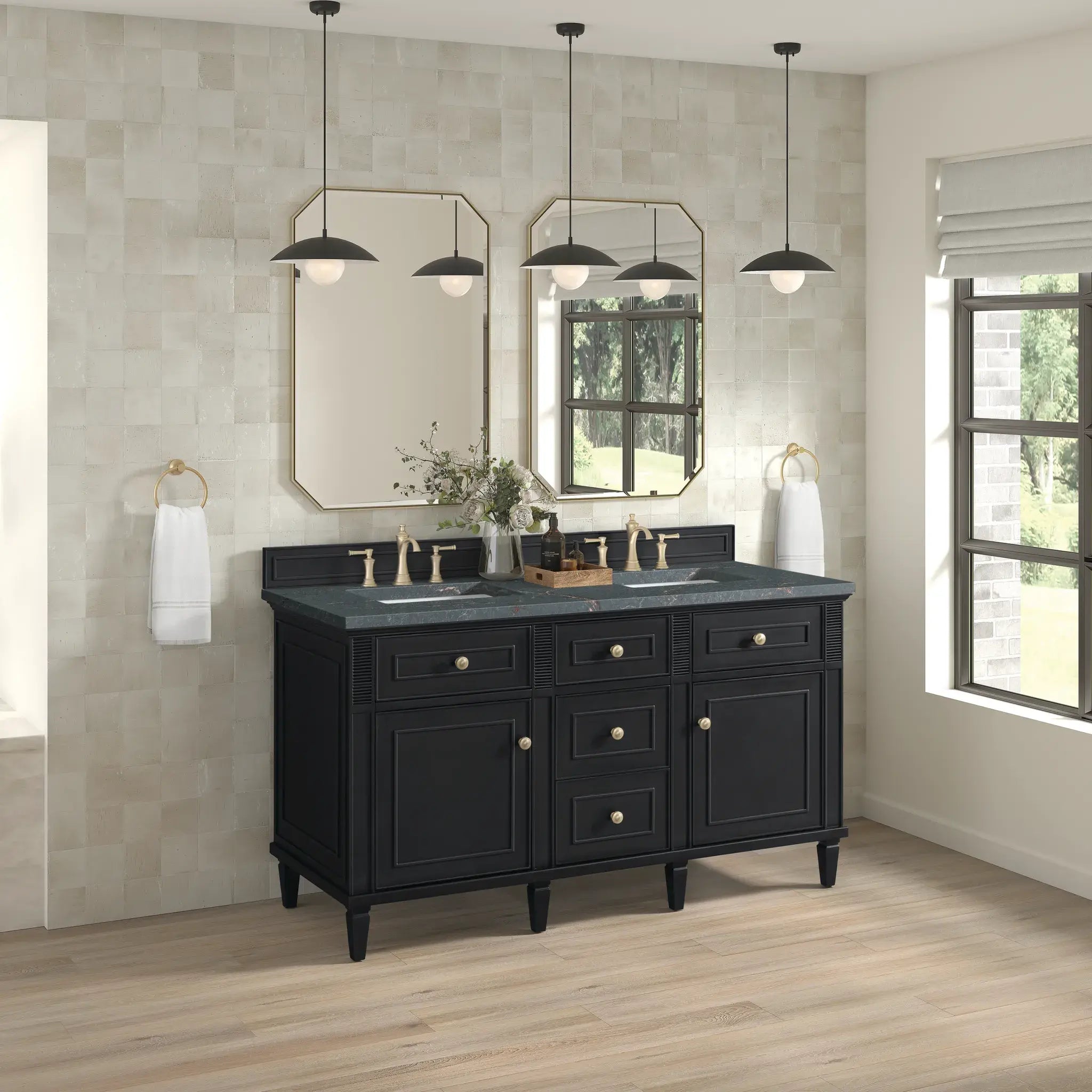 60" Lorelai Double Vanity in Black Onyx-Parisien Bleu Silestone-8" Widespread image 3