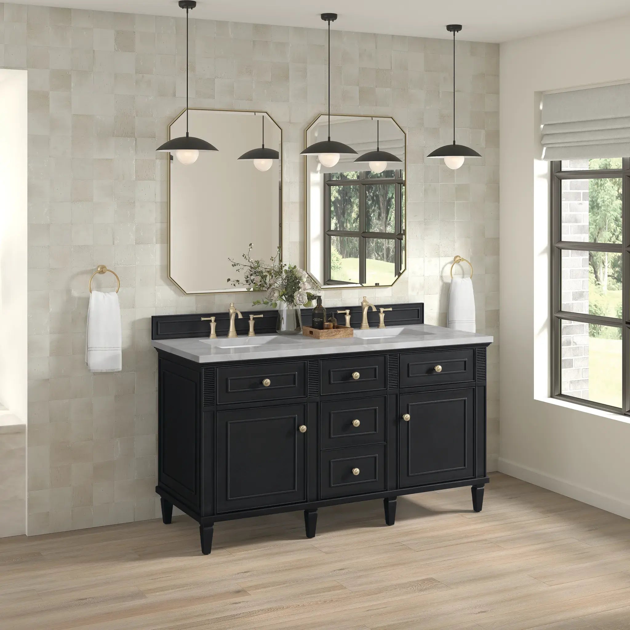 60" Lorelai Double Vanity in Black Onyx-Victorian Silver Silestone-8" Widespread image 3