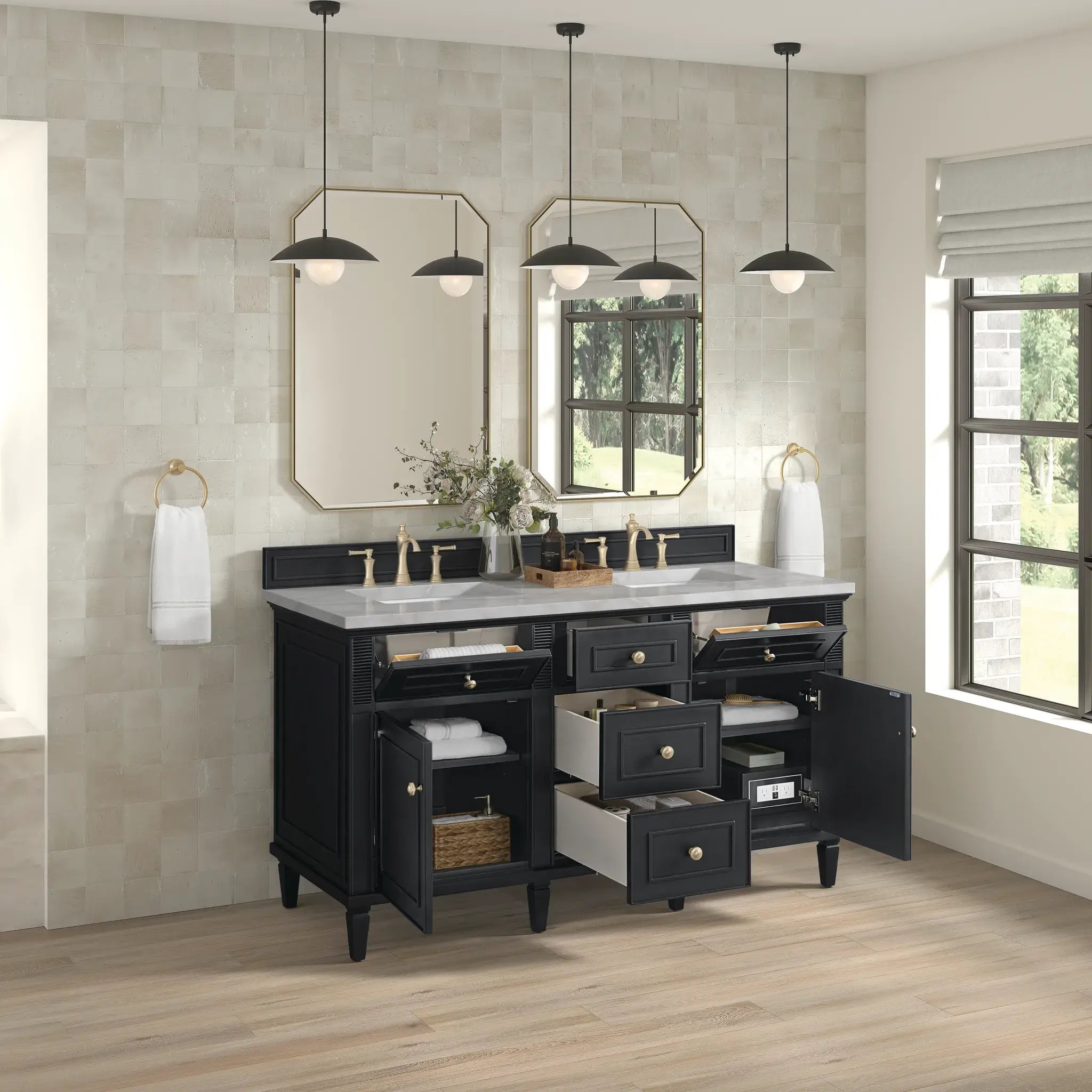 60" Lorelai Double Vanity in Black Onyx-Victorian Silver Silestone-8" Widespread image 4