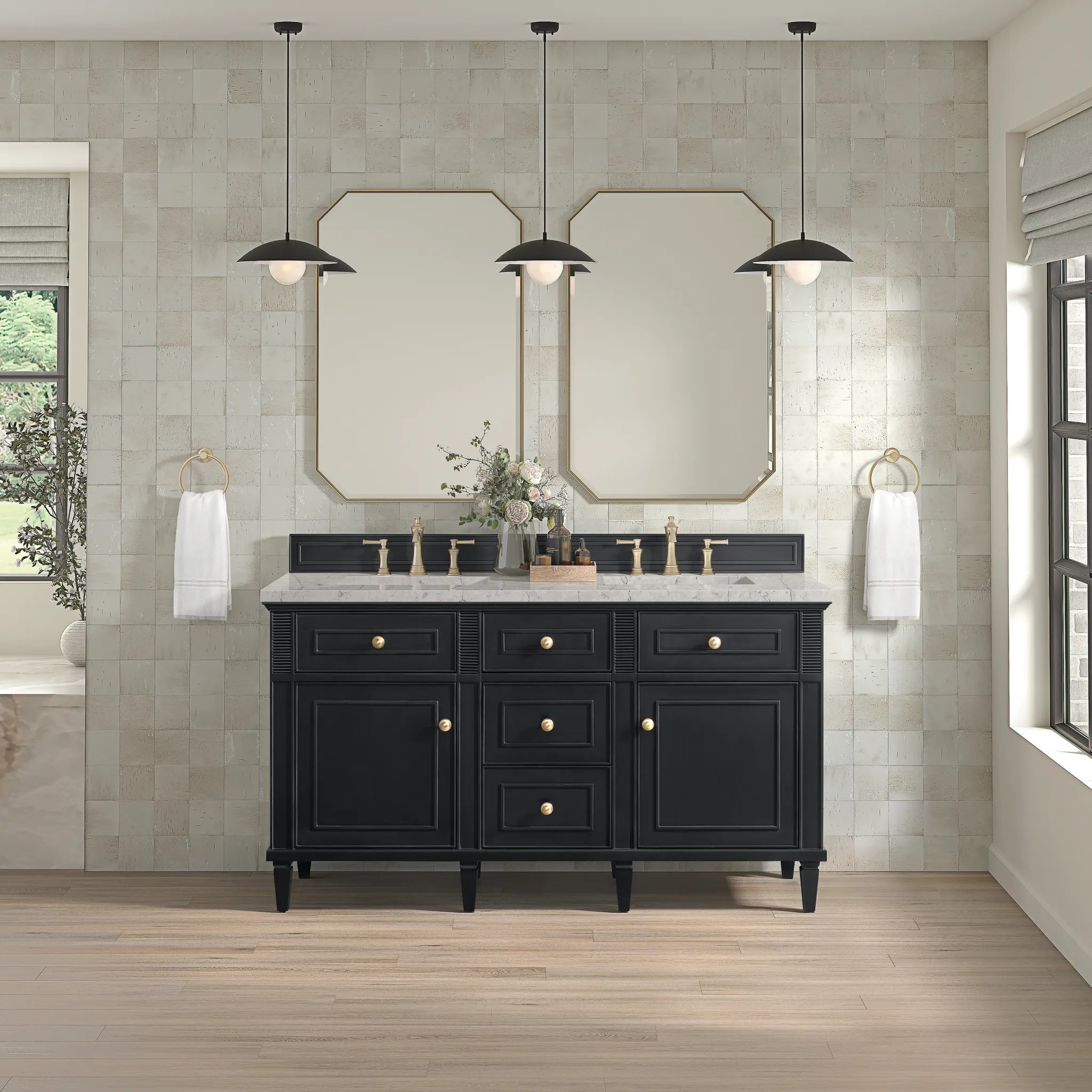 60" Lorelai Double Vanity in Black Onyx w/FreePower Wireless Charger-Eternal Jasmine Pearl Silestone-8" Widespread image 5