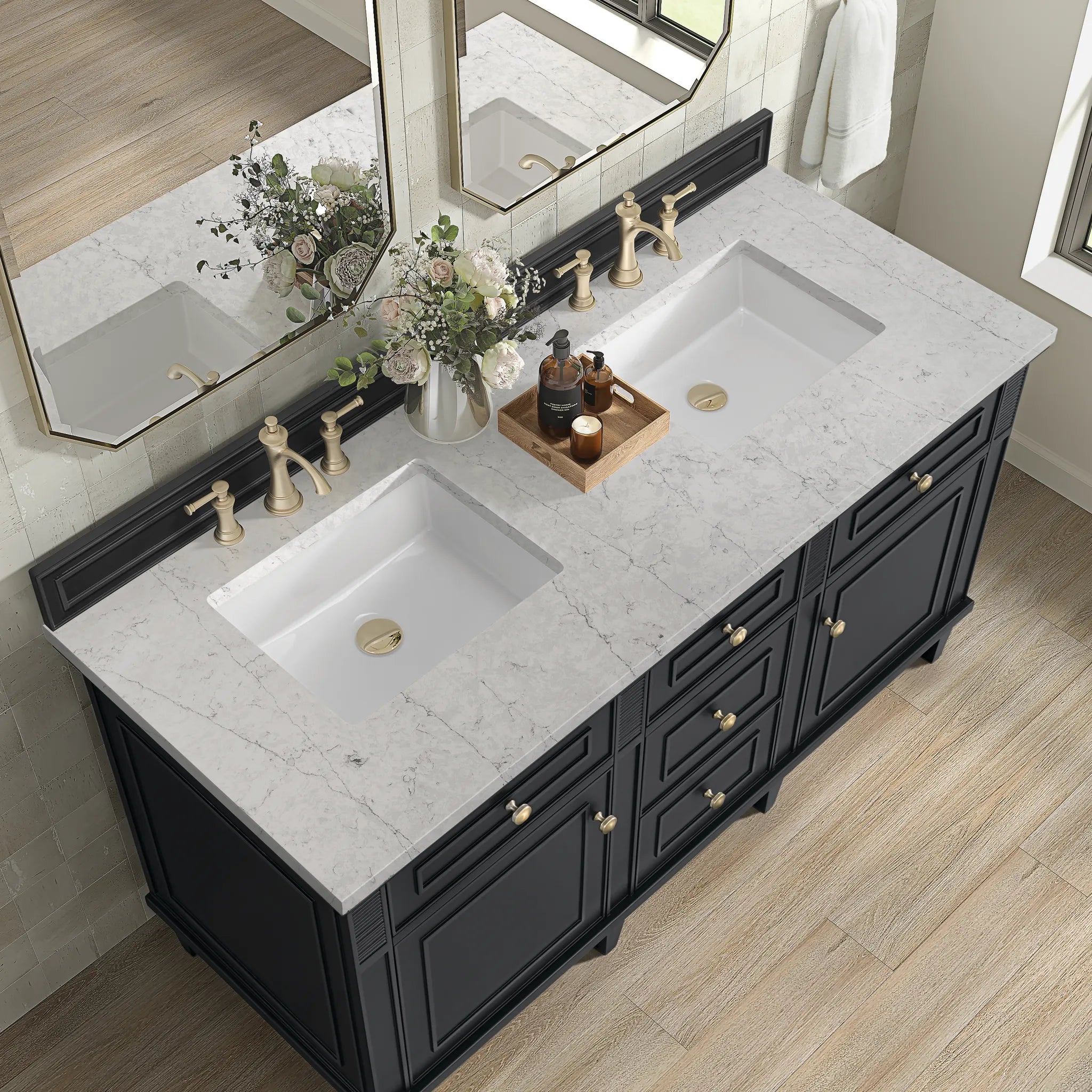 60" Lorelai Double Vanity in Black Onyx w/FreePower Wireless Charger-Eternal Jasmine Pearl Silestone-8" Widespread image 9