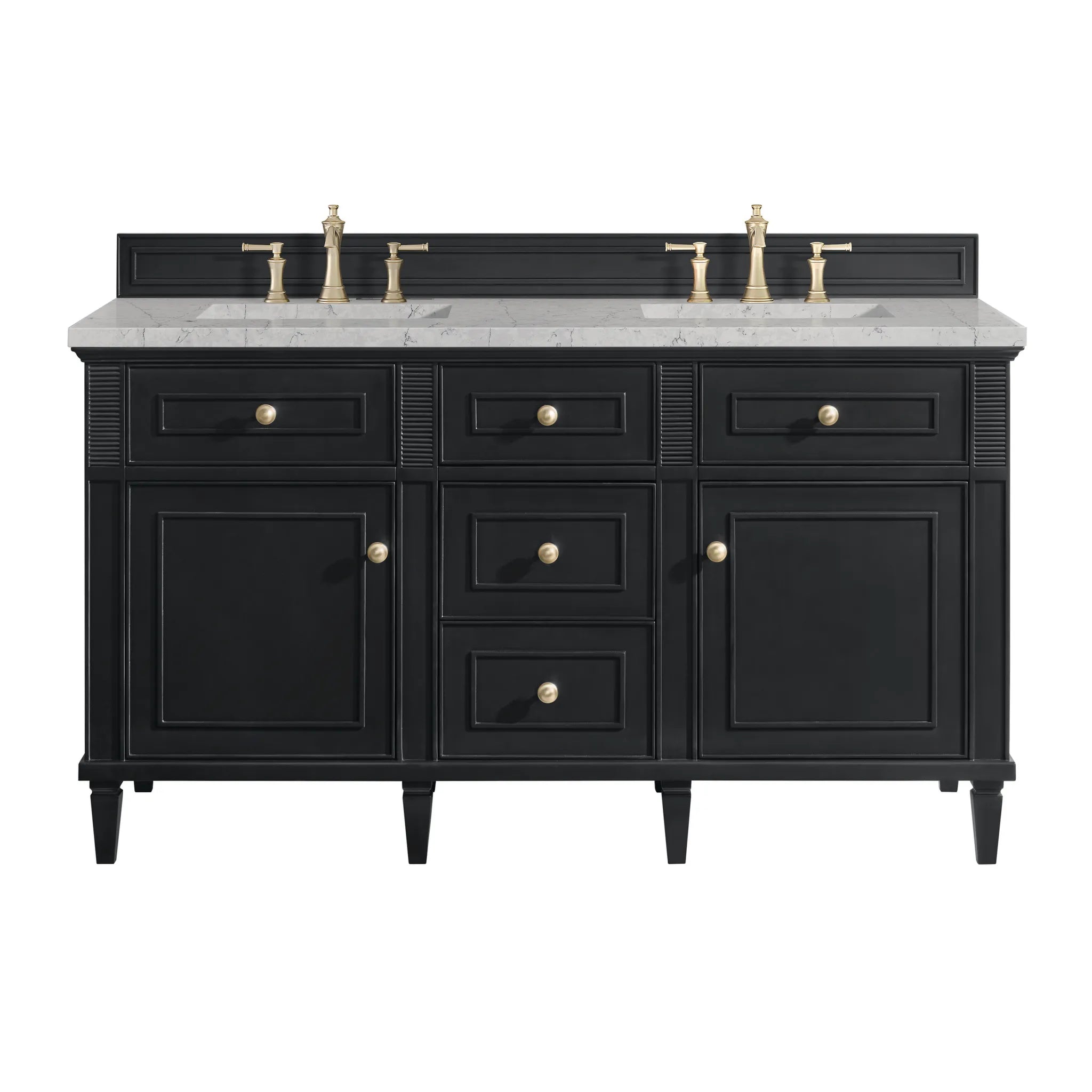 60" Lorelai Double Vanity in Black Onyx w/FreePower Wireless Charger-Eternal Jasmine Pearl Silestone-8" Widespread image