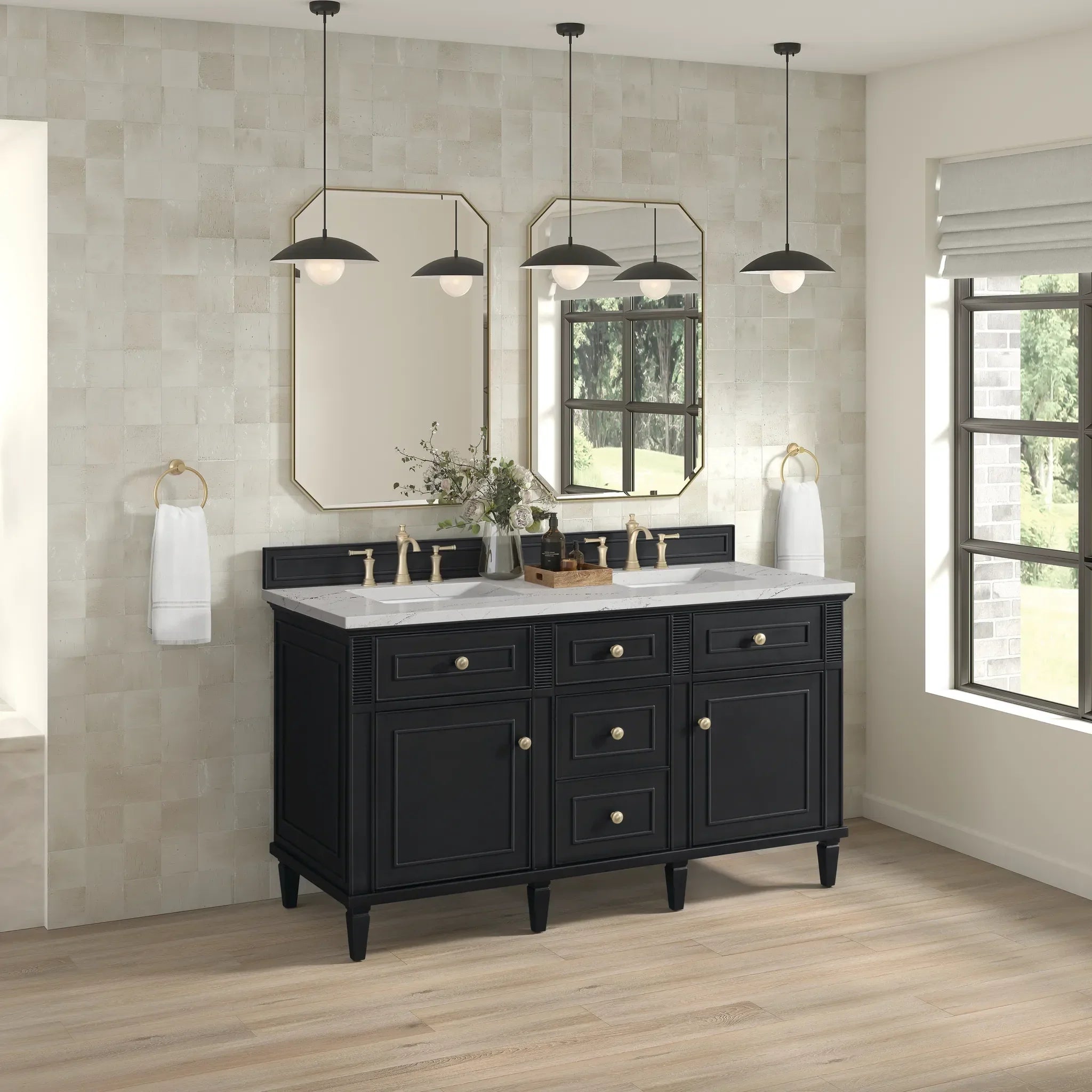 60" Lorelai Double Vanity in Black Onyx w/FreePower Wireless Charger-Ethereal Noctis Silestone-8" Widespread image 6