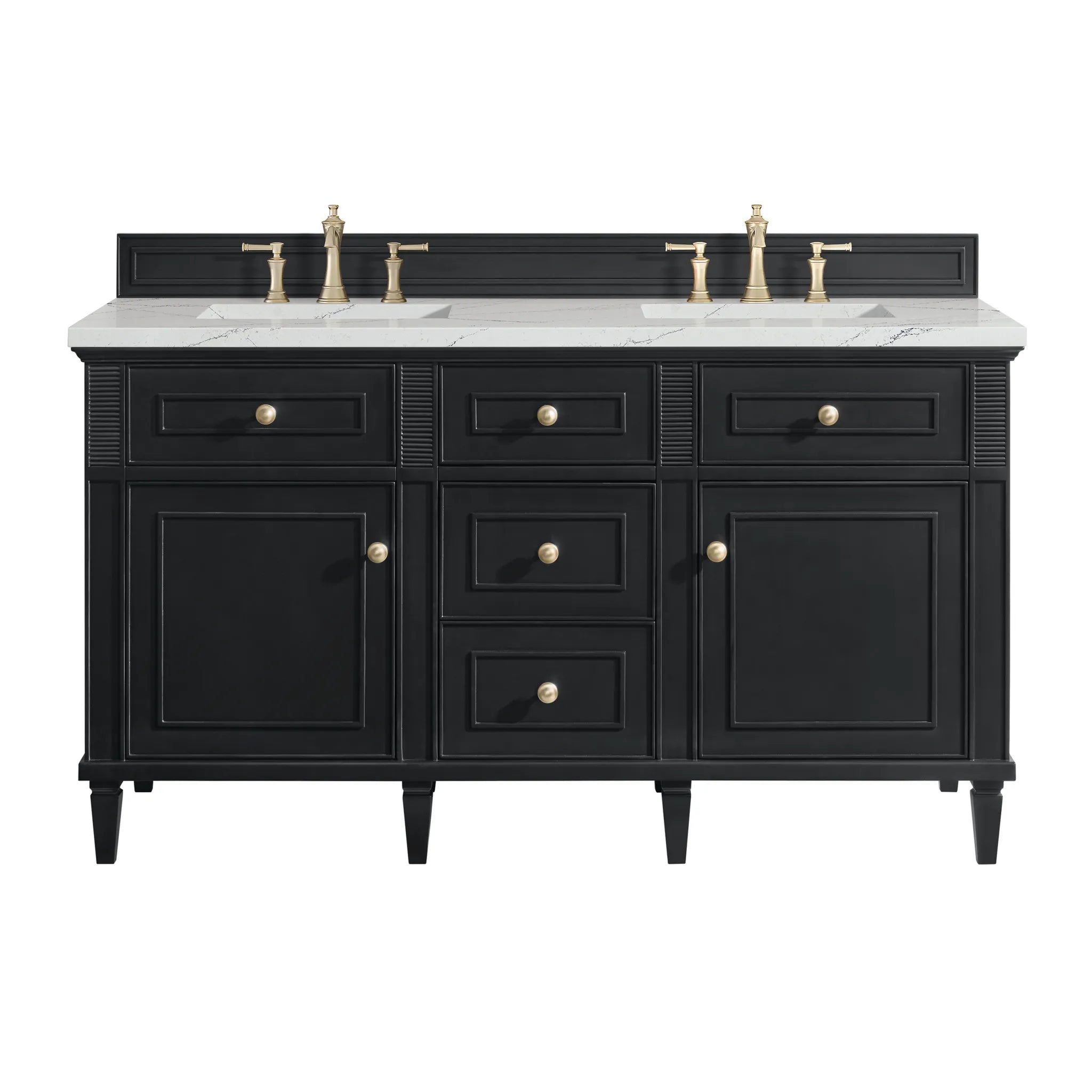60" Lorelai Double Vanity in Black Onyx w/FreePower Wireless Charger-Ethereal Noctis Silestone-8" Widespread image
