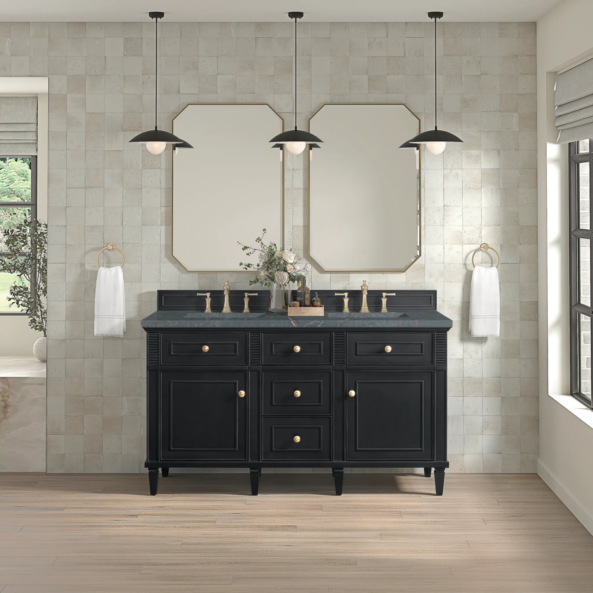 60" Lorelai Double Vanity in Black Onyx w/FreePower Wireless Charger-Parisien Bleu Silestone-8" Widespread image 5