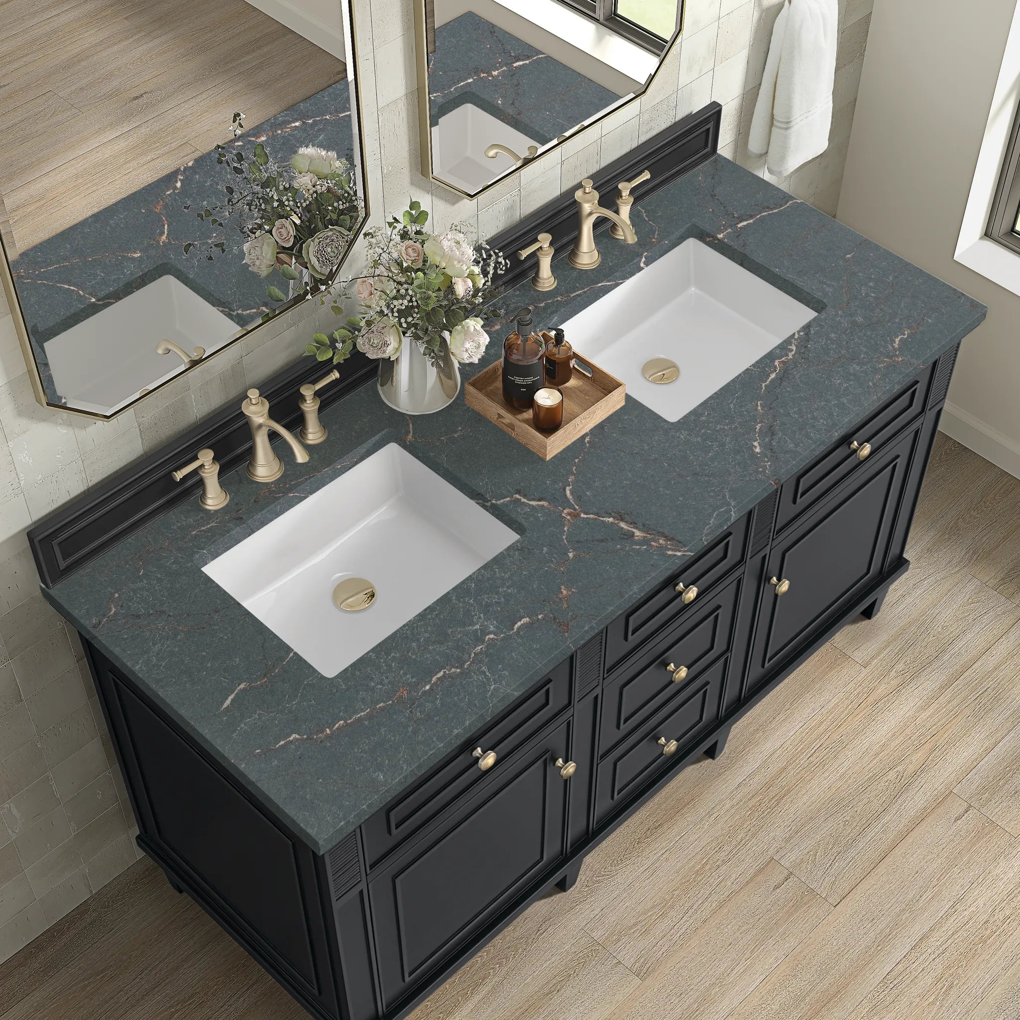 60" Lorelai Double Vanity in Black Onyx w/FreePower Wireless Charger-Parisien Bleu Silestone-8" Widespread image 9