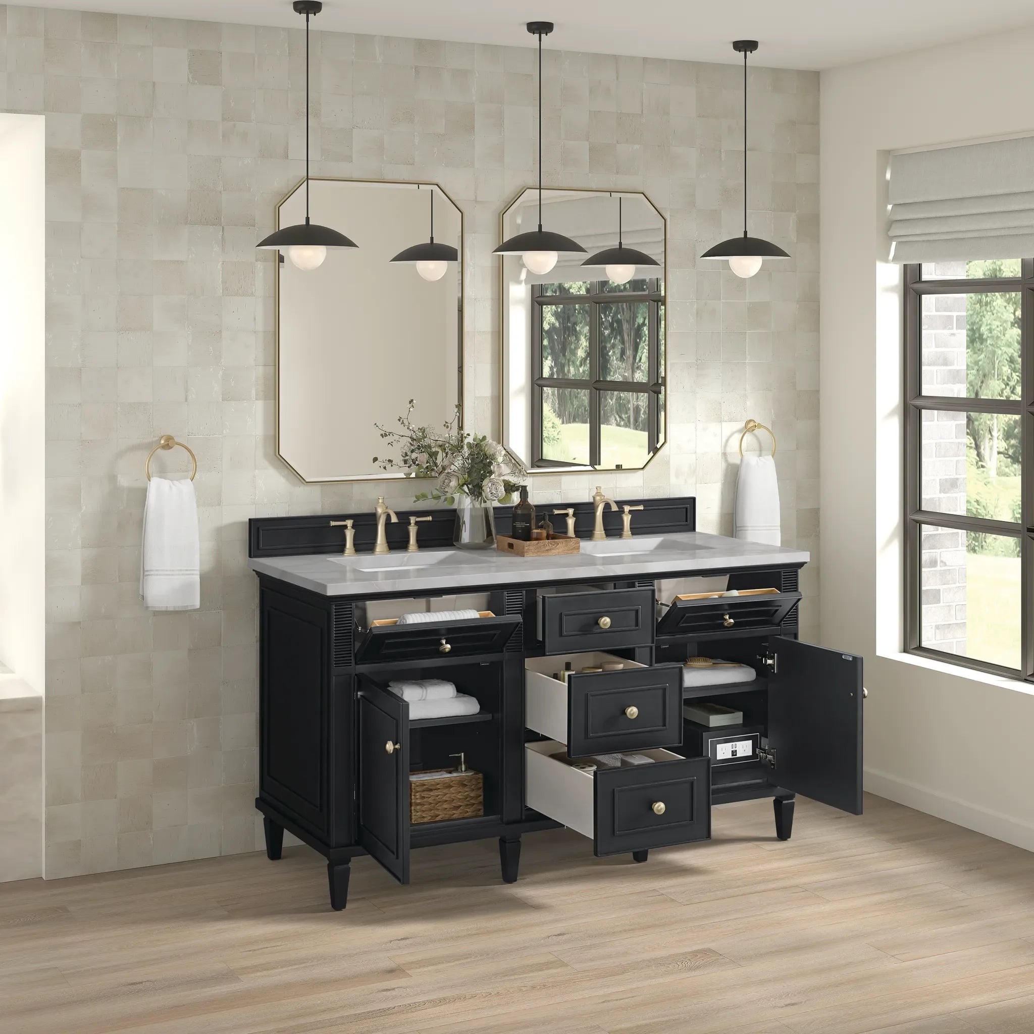 60" Lorelai Double Vanity in Black Onyx w/FreePower Wireless Charger-Victorian Silver Silestone-8" Widespread image 7