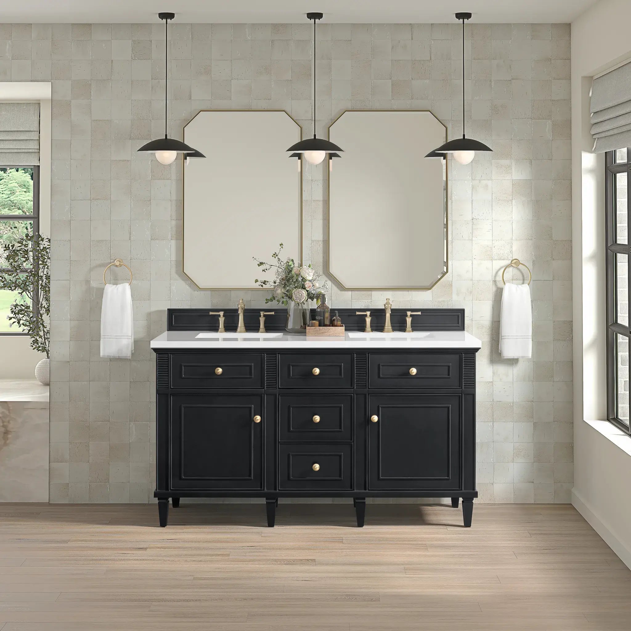 60" Lorelai Double Vanity in Black Onyx-White Zeus Silestone-8" Widespread image 2
