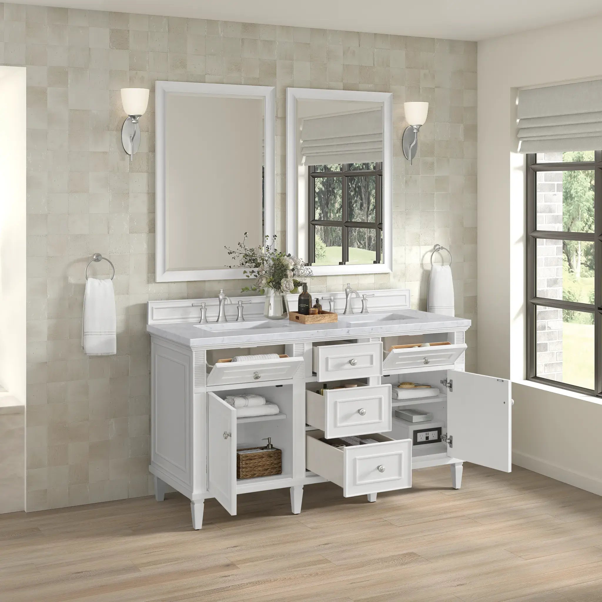 60" Lorelai Double Vanity in Bright White-Carrara White Marble-8" Widespread image 5