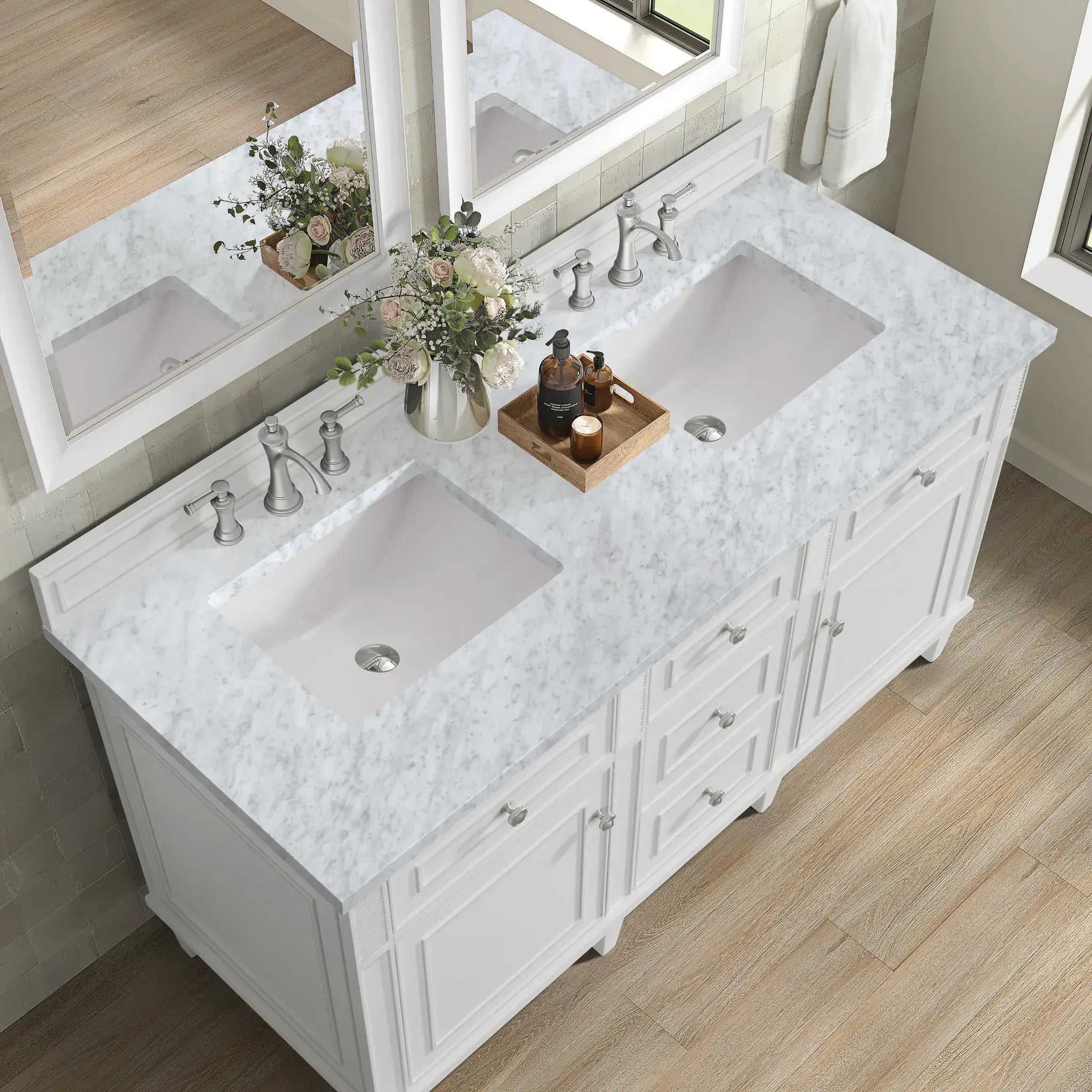 60" Lorelai Double Vanity in Bright White-Carrara White Marble-8" Widespread image 7