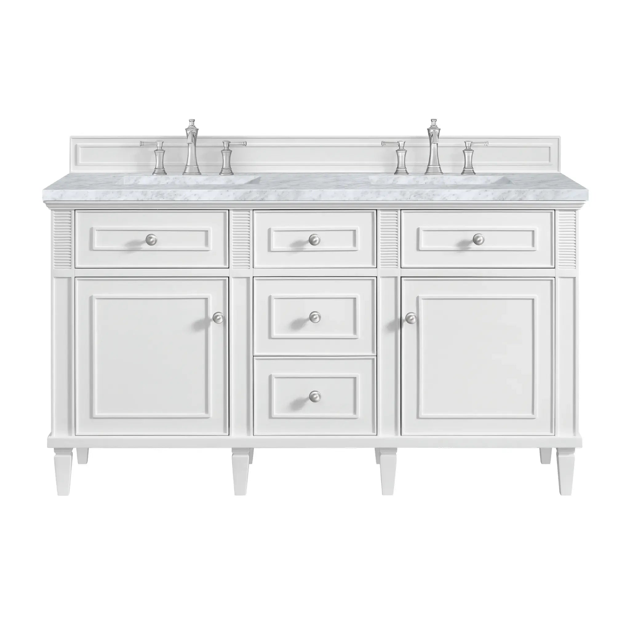 60" Lorelai Double Vanity in Bright White-Carrara White Marble-8" Widespread image