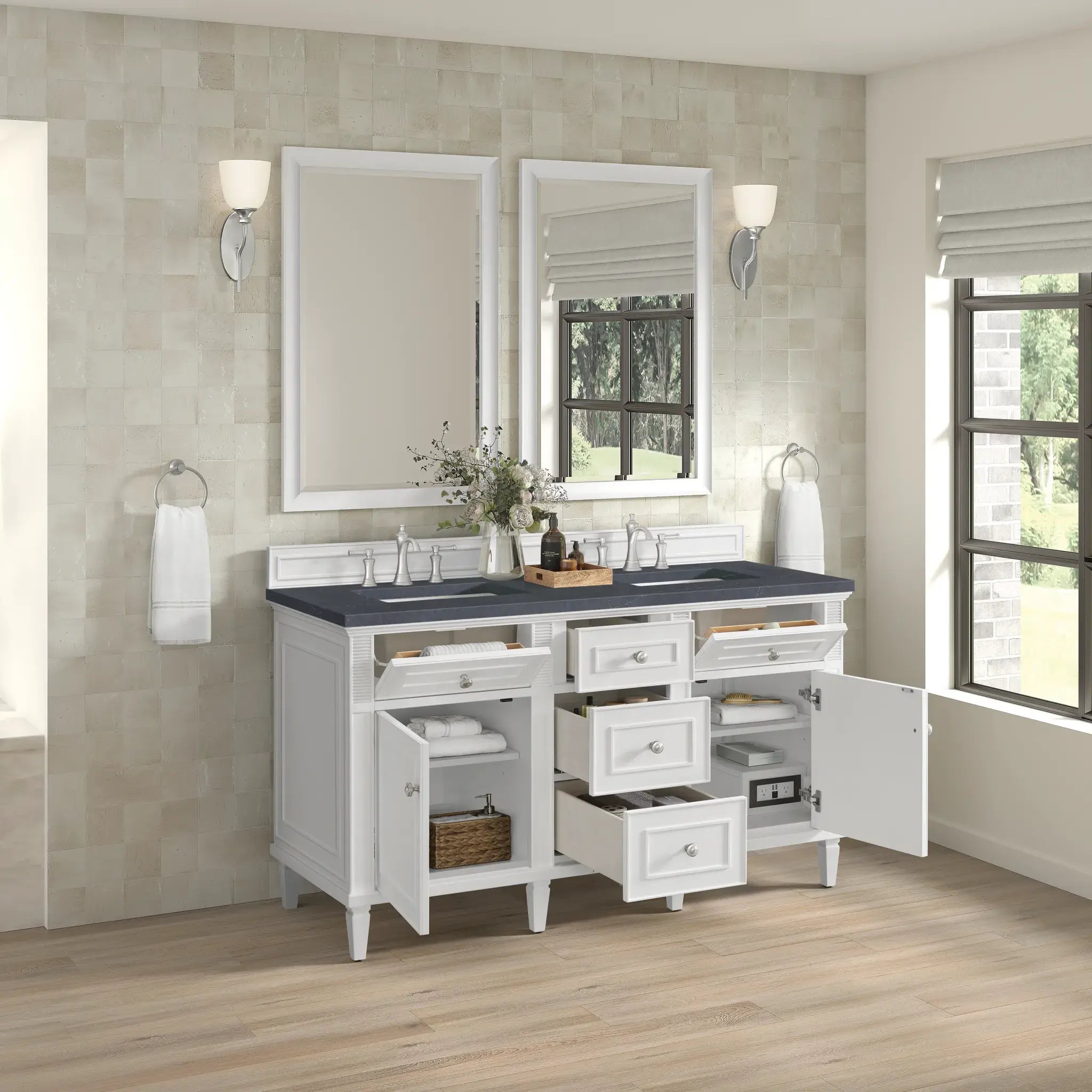 60" Lorelai Double Vanity in Bright White-Charcoal Soapstone Silestone-8" Widespread image 5