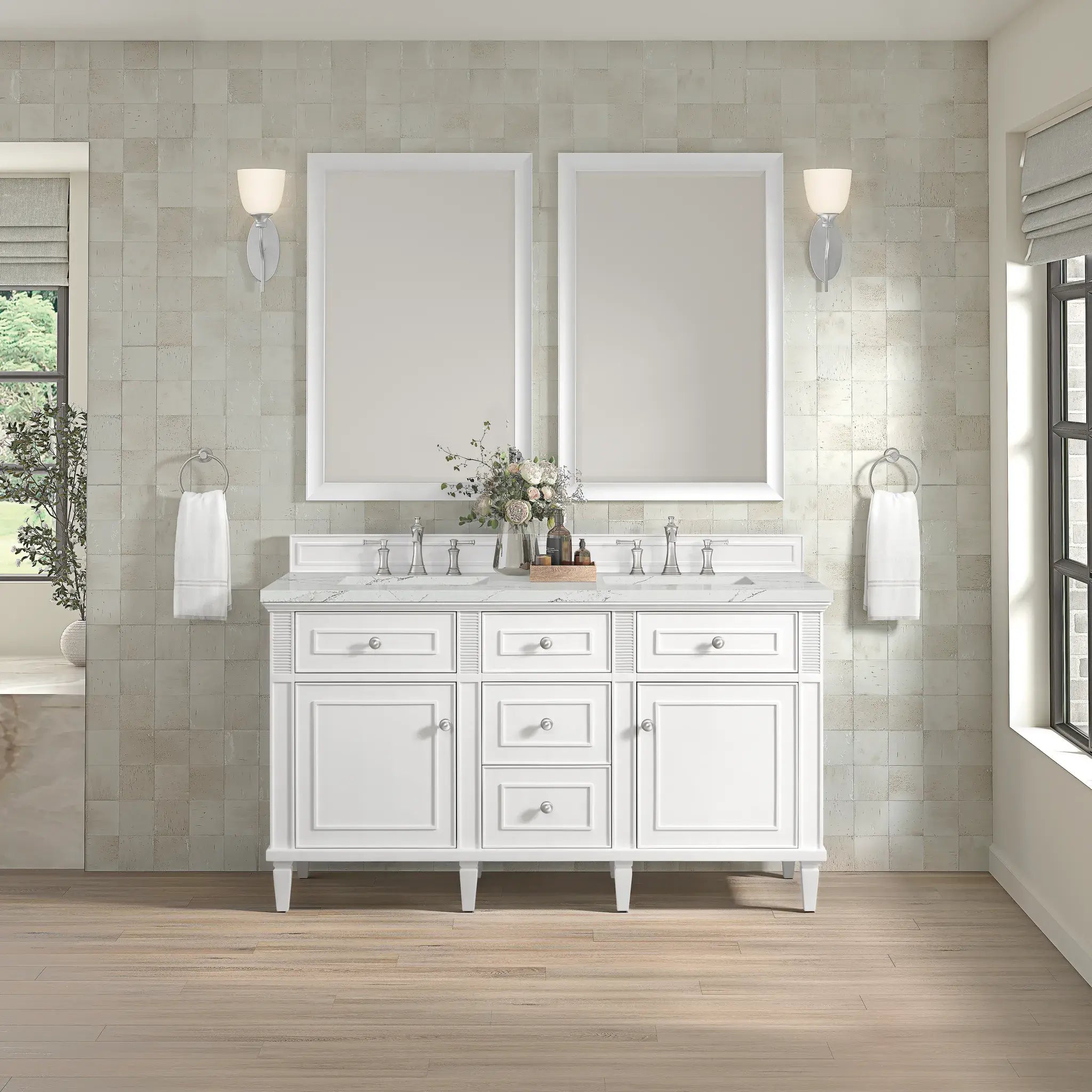 60" Lorelai Double Vanity in Bright White-Ethereal Noctis Silestone-8" Widespread image 3
