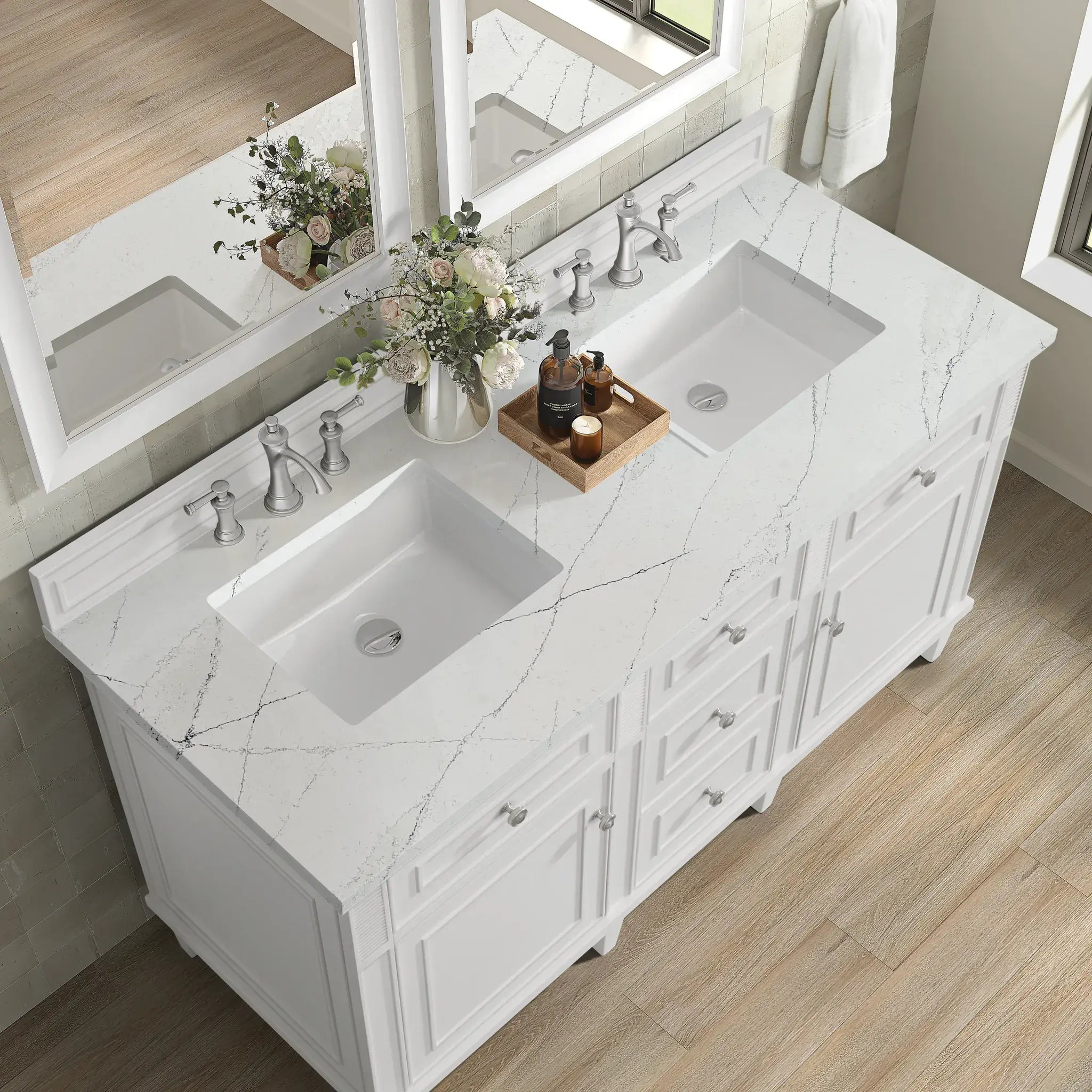 60" Lorelai Double Vanity in Bright White-Ethereal Noctis Silestone-8" Widespread image 7