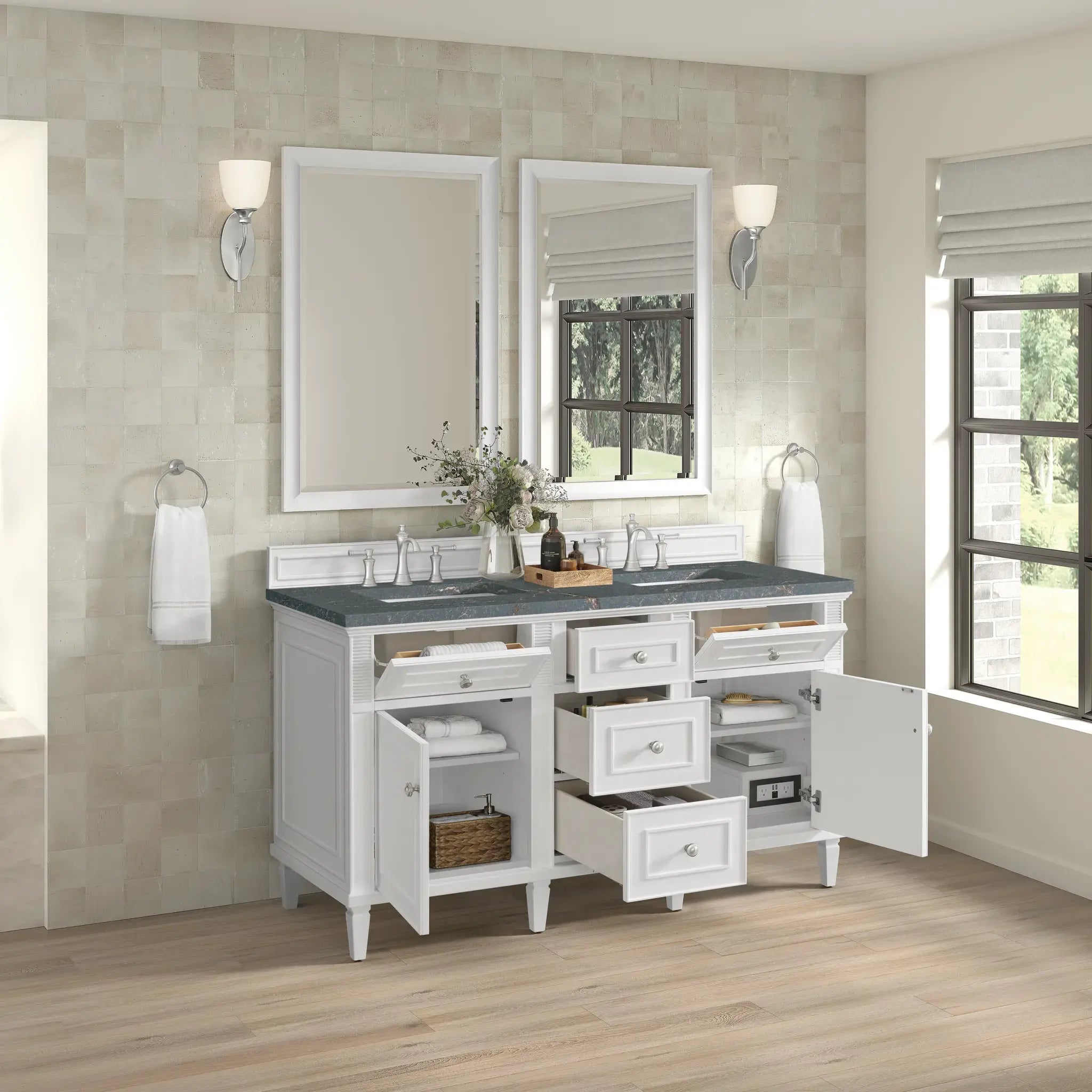 60" Lorelai Double Vanity in Bright White-Parisien Bleu Silestone-8" Widespread image 5