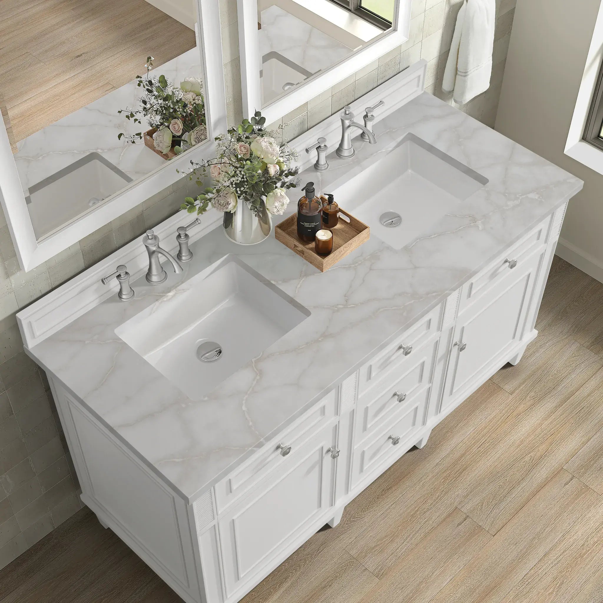 60" Lorelai Double Vanity in Bright White-Victorian Silver Silestone-8" Widespread image 7
