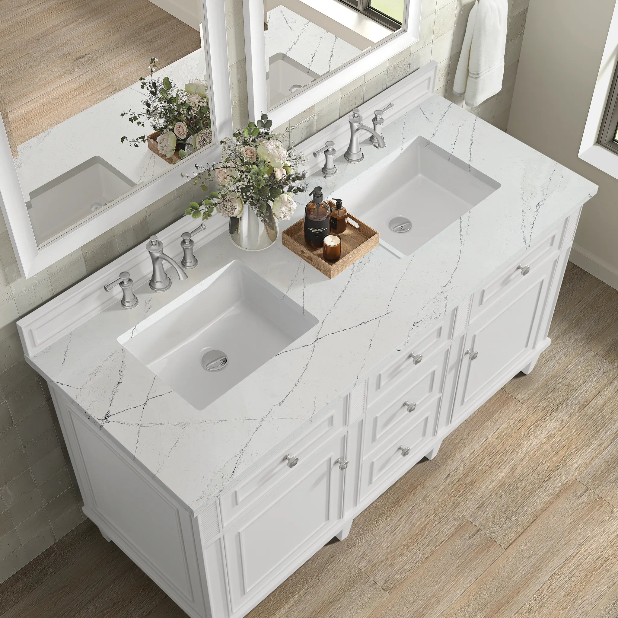 60" Lorelai Double Vanity in Bright White w/FreePower Wireless Charger-Ethereal Noctis Silestone-8" Widespread image 10