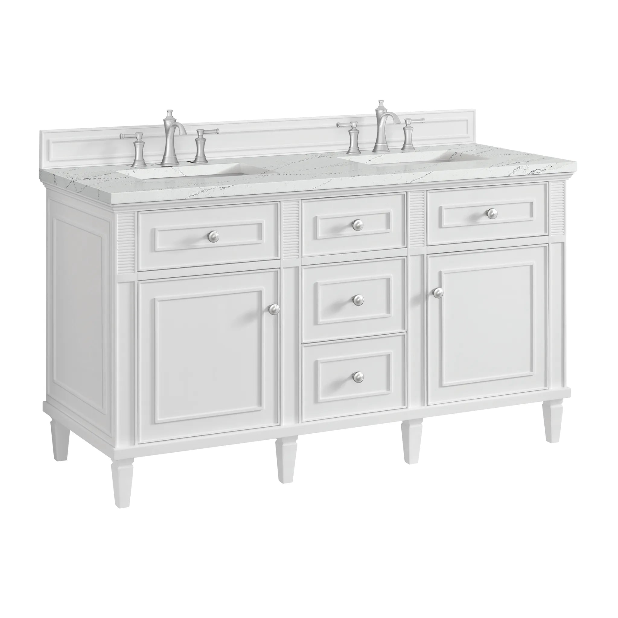 60" Lorelai Double Vanity in Bright White w/FreePower Wireless Charger-Ethereal Noctis Silestone-8" Widespread image 13