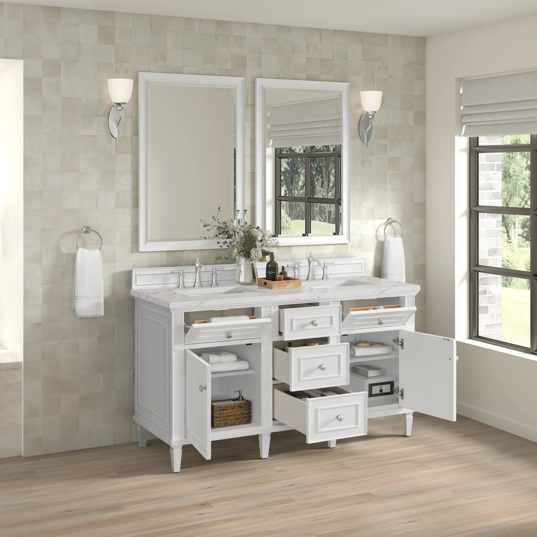 60" Lorelai Double Vanity in Bright White w/FreePower Wireless Charger-Ethereal Noctis Silestone-8" Widespread image 8