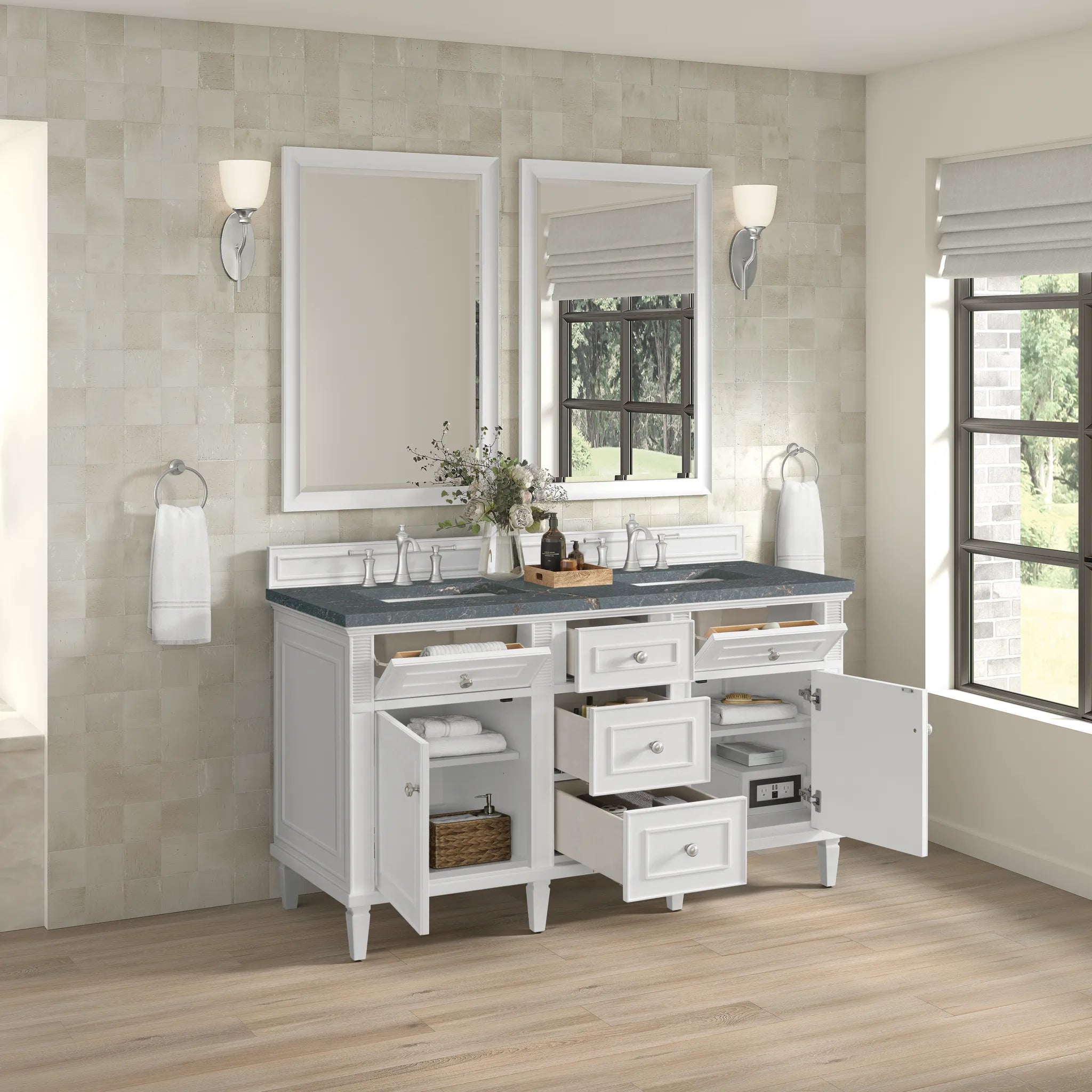 60" Lorelai Double Vanity in Bright White w/FreePower Wireless Charger-Parisien Bleu Silestone-8" Widespread image 8